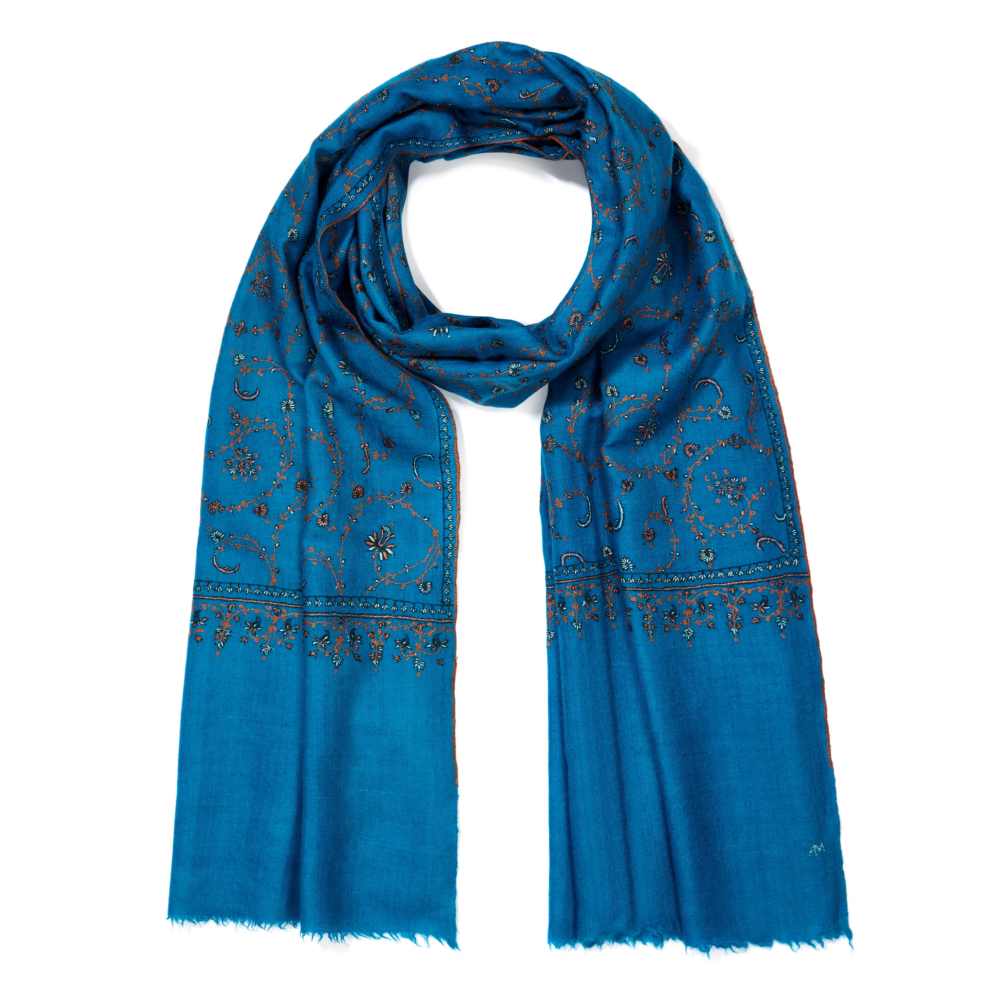 Women's or Men's Limited Edition Hand Embroidered Cashmere Shawl in Blue Made in Kashmir - Gift