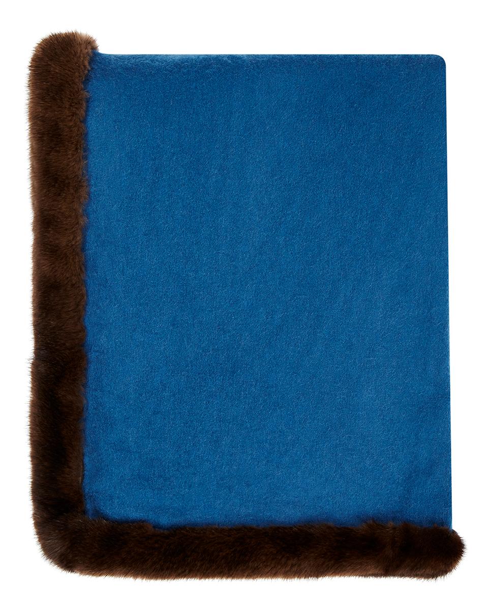 Verheyen London Mink Fur Trimmed 100% Cashmere Scarf in Blue & Brown - Brand New 1