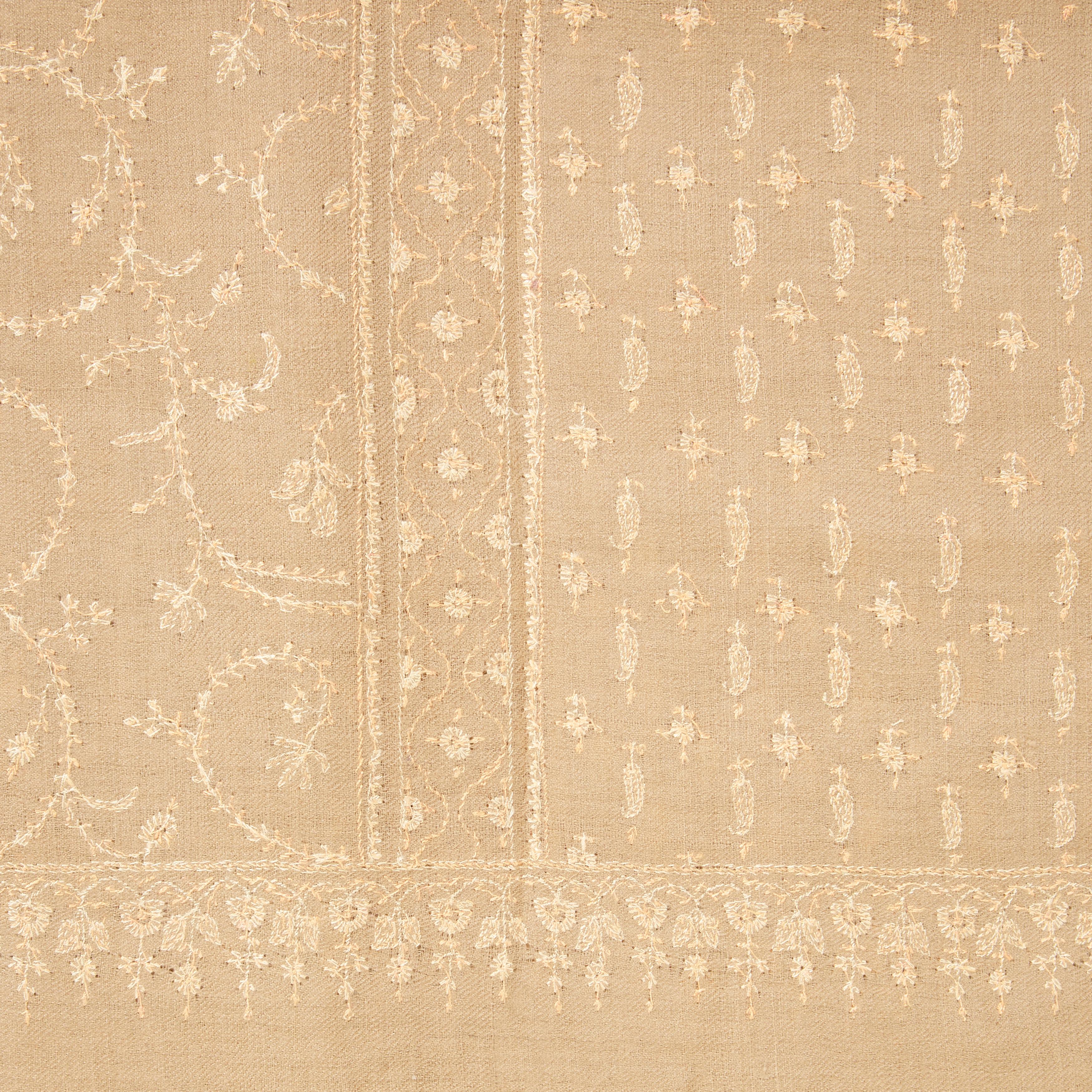 Hand Embroidered  100% Cashmere Shawl in Camel Beige Made in Kashmir India -Gift In New Condition In London, GB
