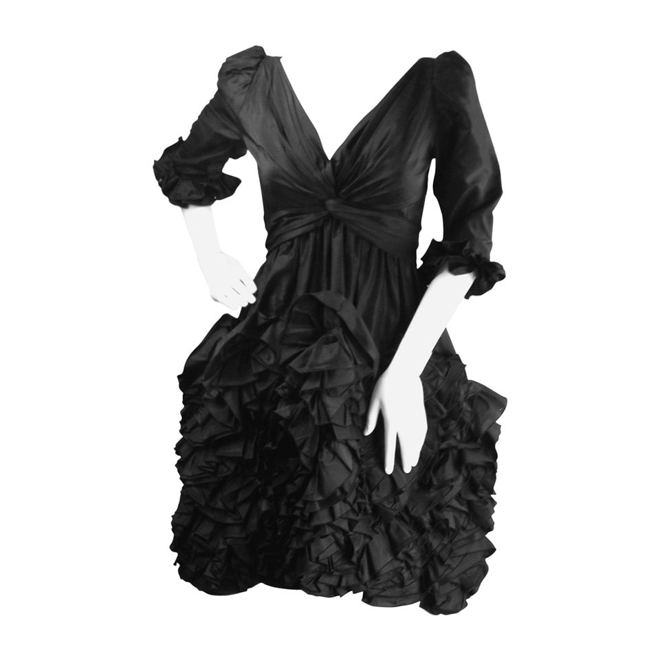 1990s Oscar De La Renta Black Ruffle Dress For Sale