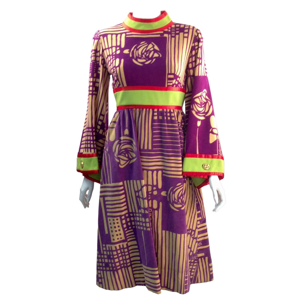 1970s Ronald Amey Purple Abstract Pattern Dress For Sale