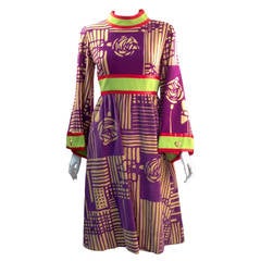 1970s Ronald Amey Purple Abstract Pattern Dress