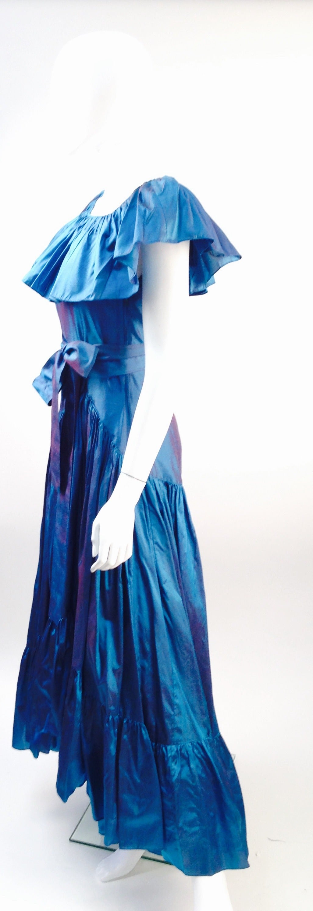 Blue Yves Saint Laurent High Low Ruffle Dress, 1970s 