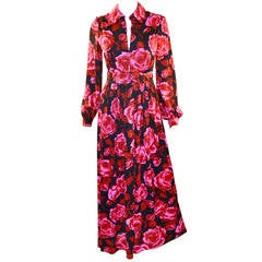 1970s Sakowitz Vibrant Red and Pink Maxi Dress 1