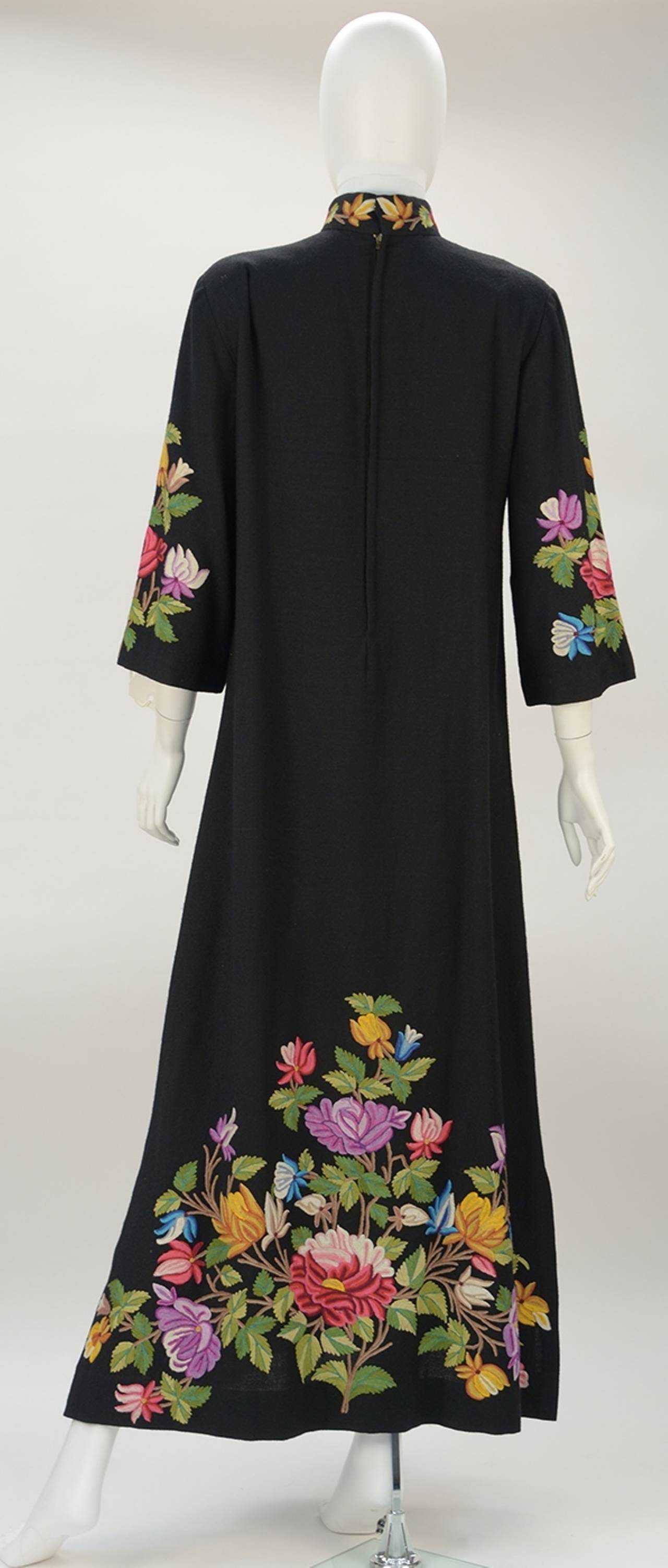 1950s Black Crewel Embroidered Dress at 1stDibs