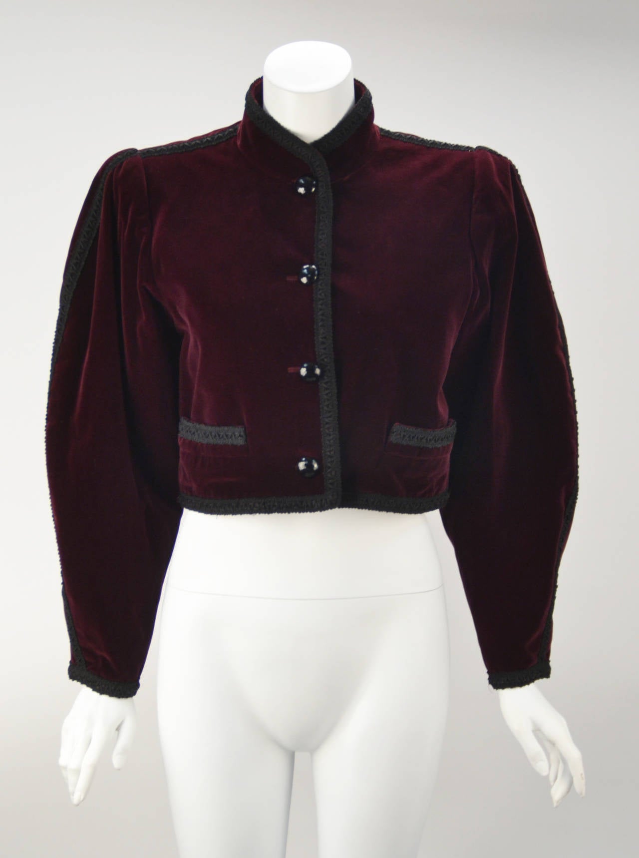 Laurent displays ethnic inspiration in this bolero jacket.  It screams, Russian peasant meets matador.  We see it open over a casual t-shirt and jeans or fully buttoned and dressed up with a cigarette pant or a maxi skirt.  Beautiful blackberry