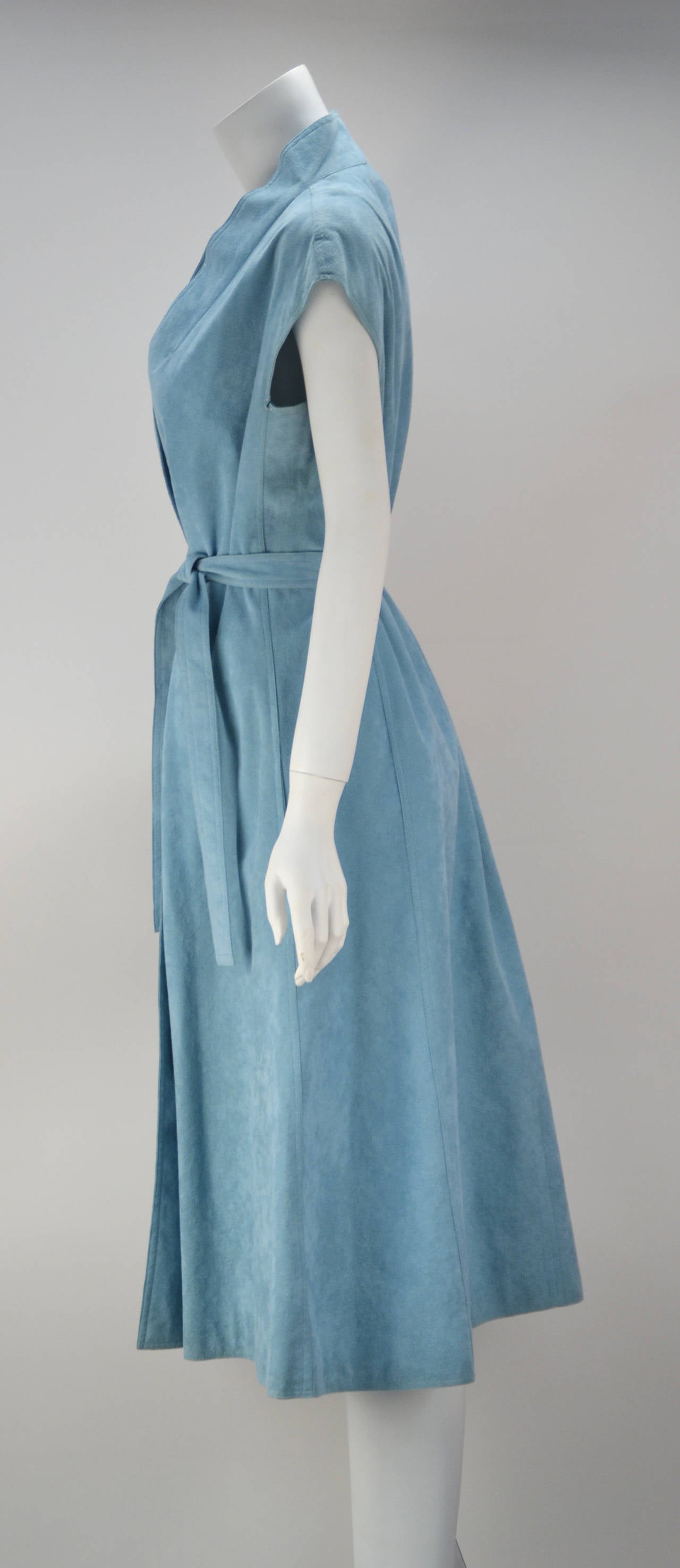 1970's Halston Sky Blue Ultra Suede Wrap Dress In Excellent Condition In Houston, TX