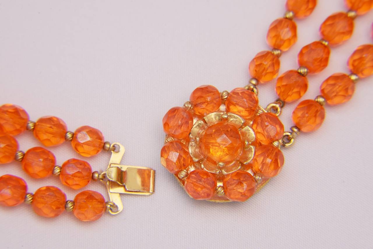 1960s Hattie Carnegie Tangerine Glass Bead Necklace and Earrings