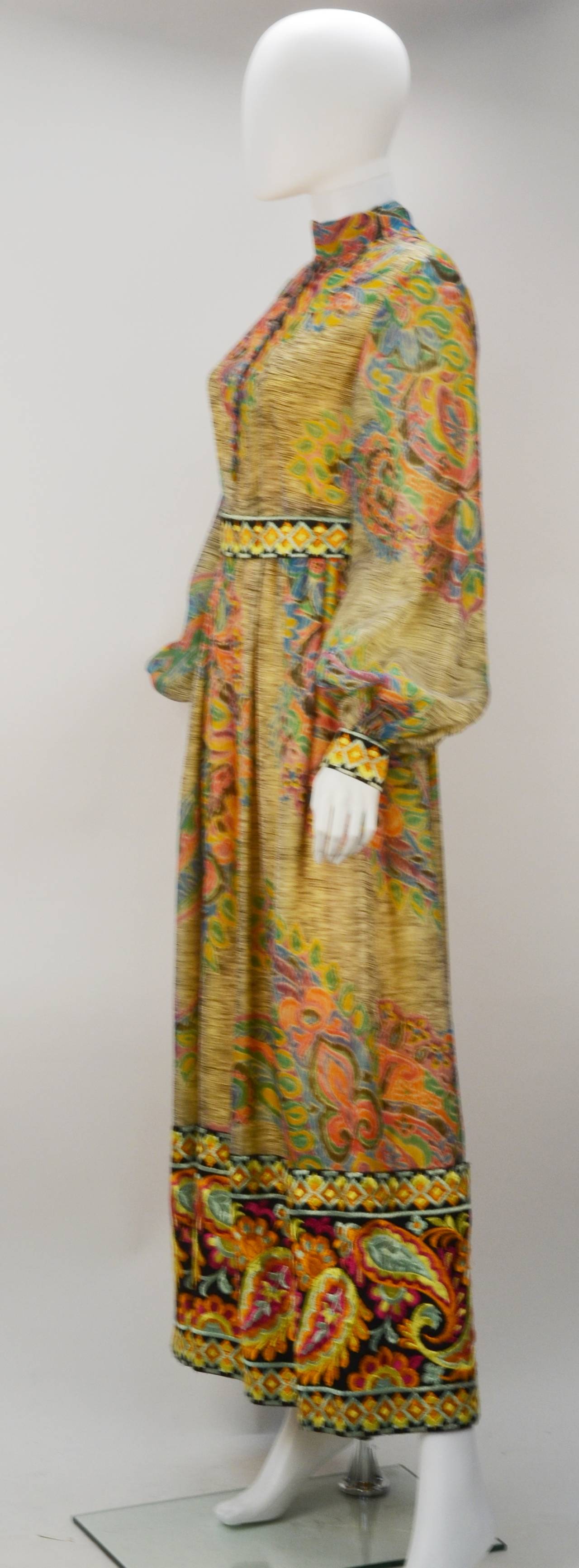 Brown 1970s Yellow Multi Print Embroidered Gown