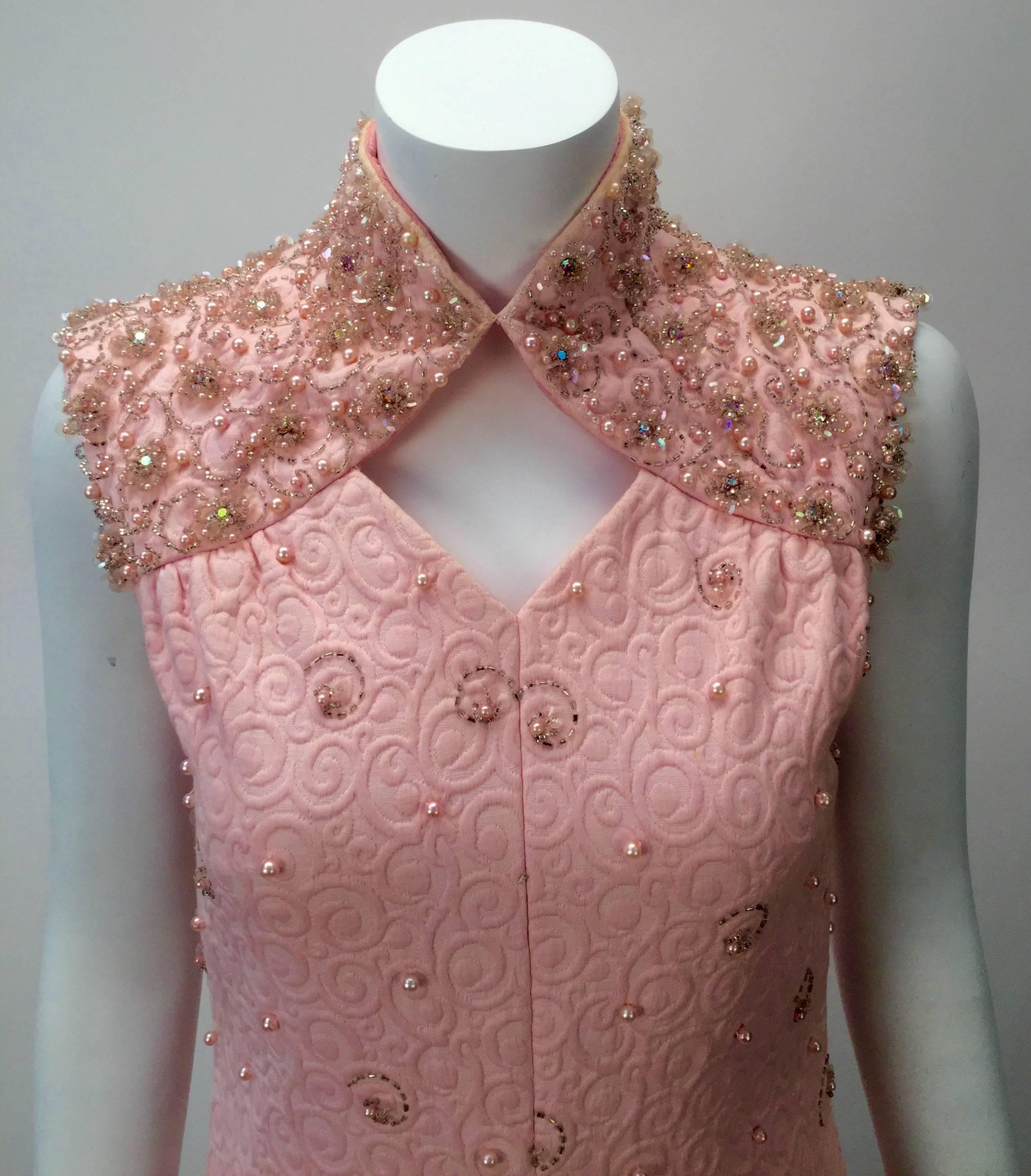1960s Pink Jacquard Beaded Sequin Mini Dress  In Excellent Condition In Houston, TX