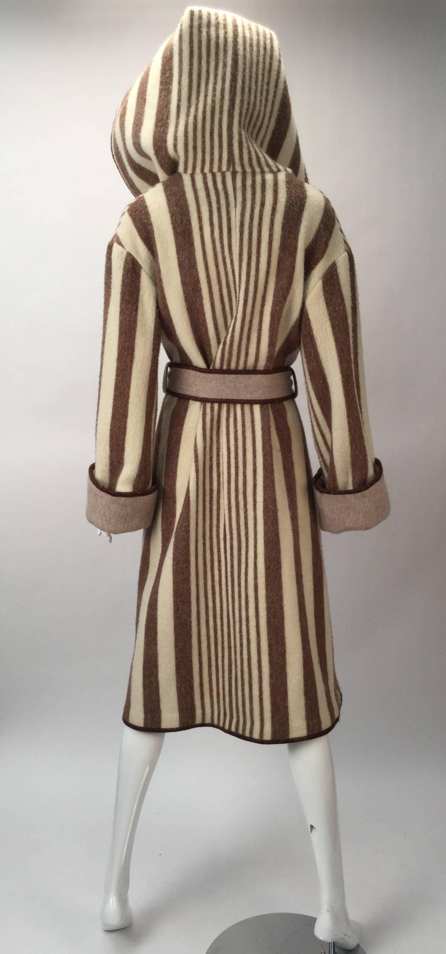 1970's Casa De Lama Cream and Brown Striped Wrap Coat with Hood In Excellent Condition In Houston, TX