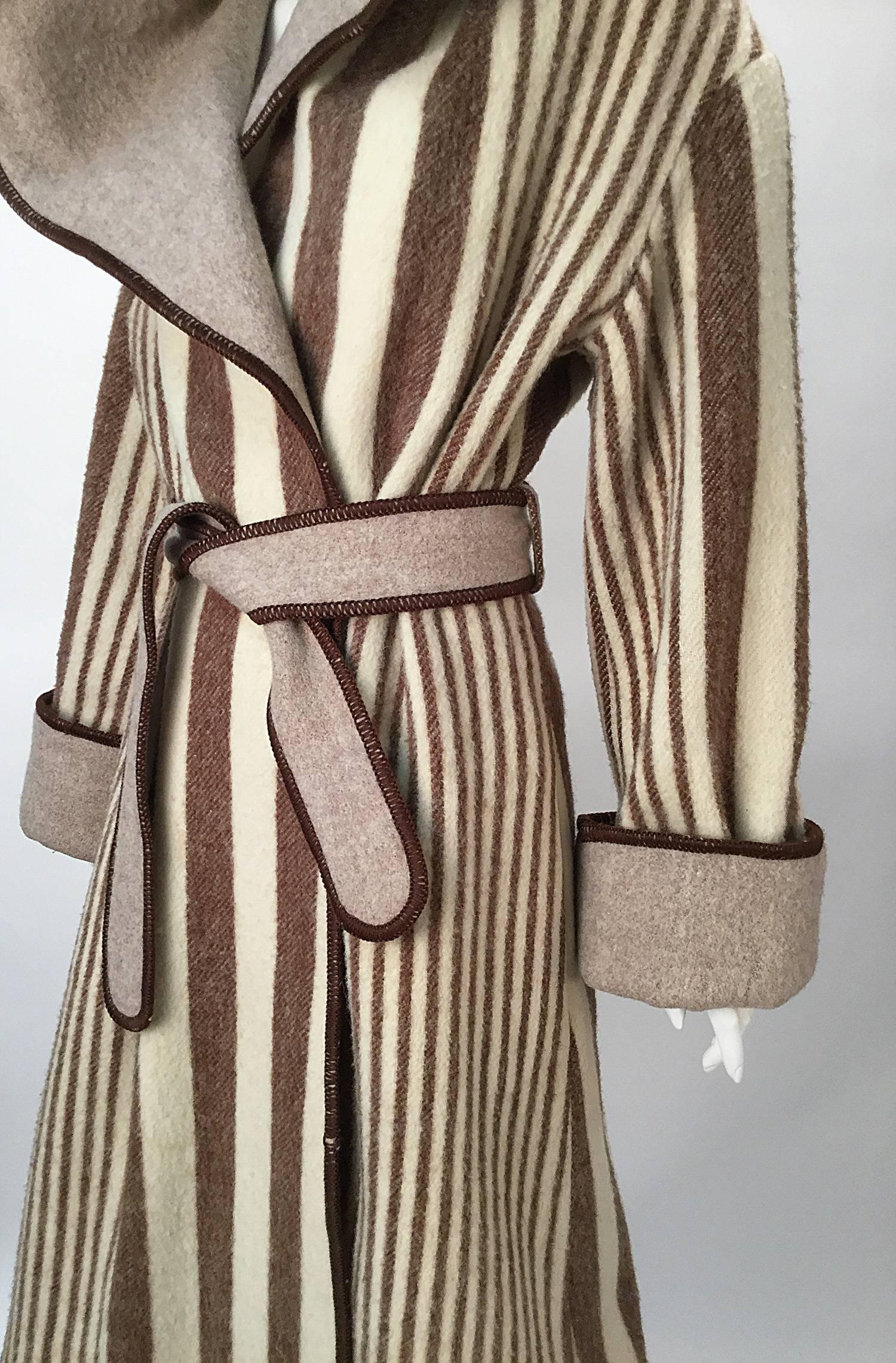 Women's 1970's Casa De Lama Cream and Brown Striped Wrap Coat with Hood