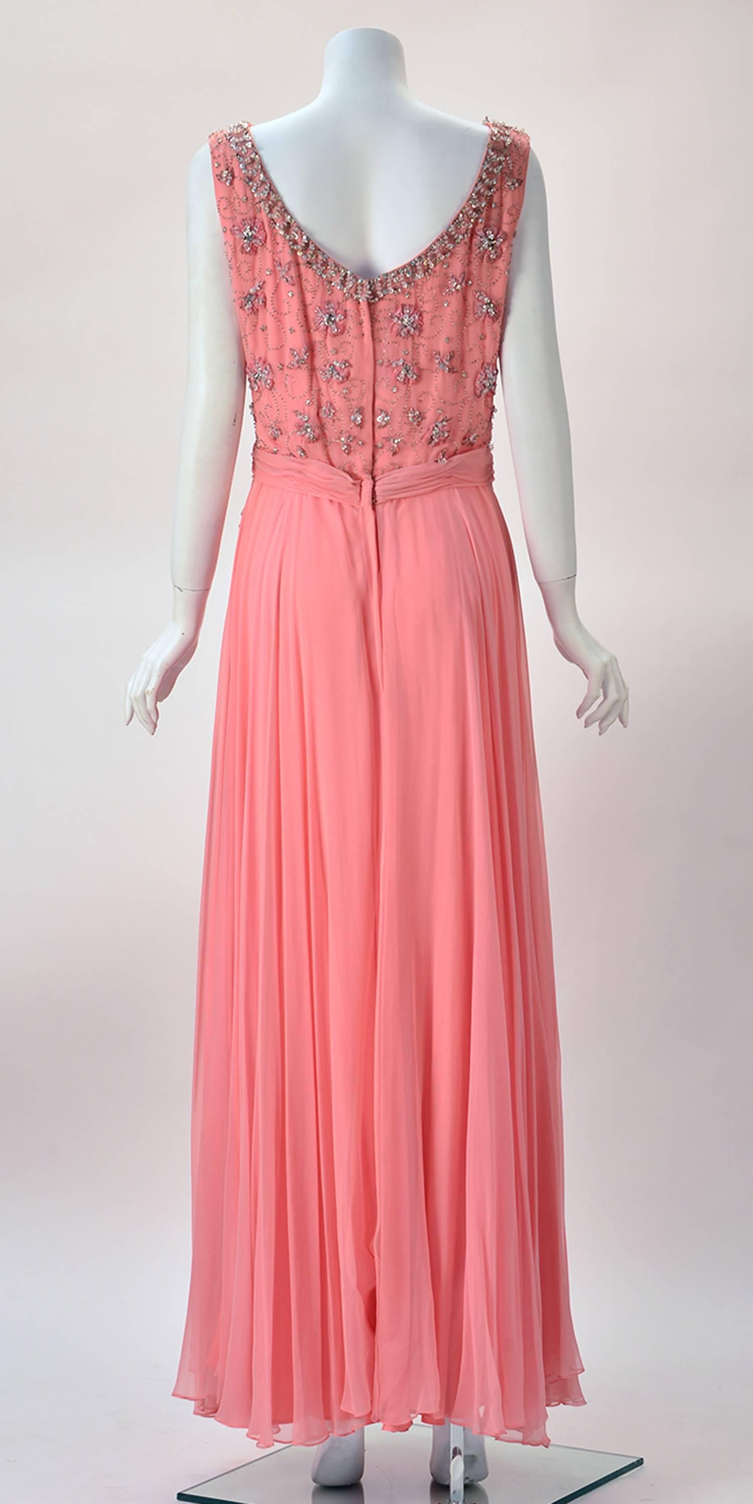 1960s Pink Chiffon Beaded Dress  In Good Condition In Houston, TX