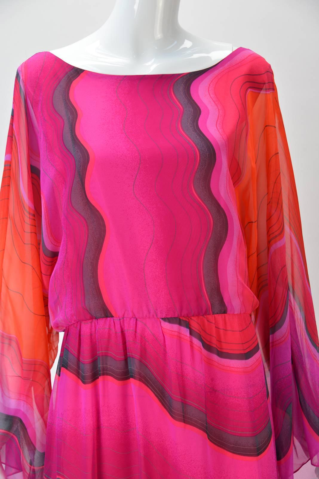 Pink 1980s Hanae Mori Silk Sunset Colored Kimono Sleeve Dress 