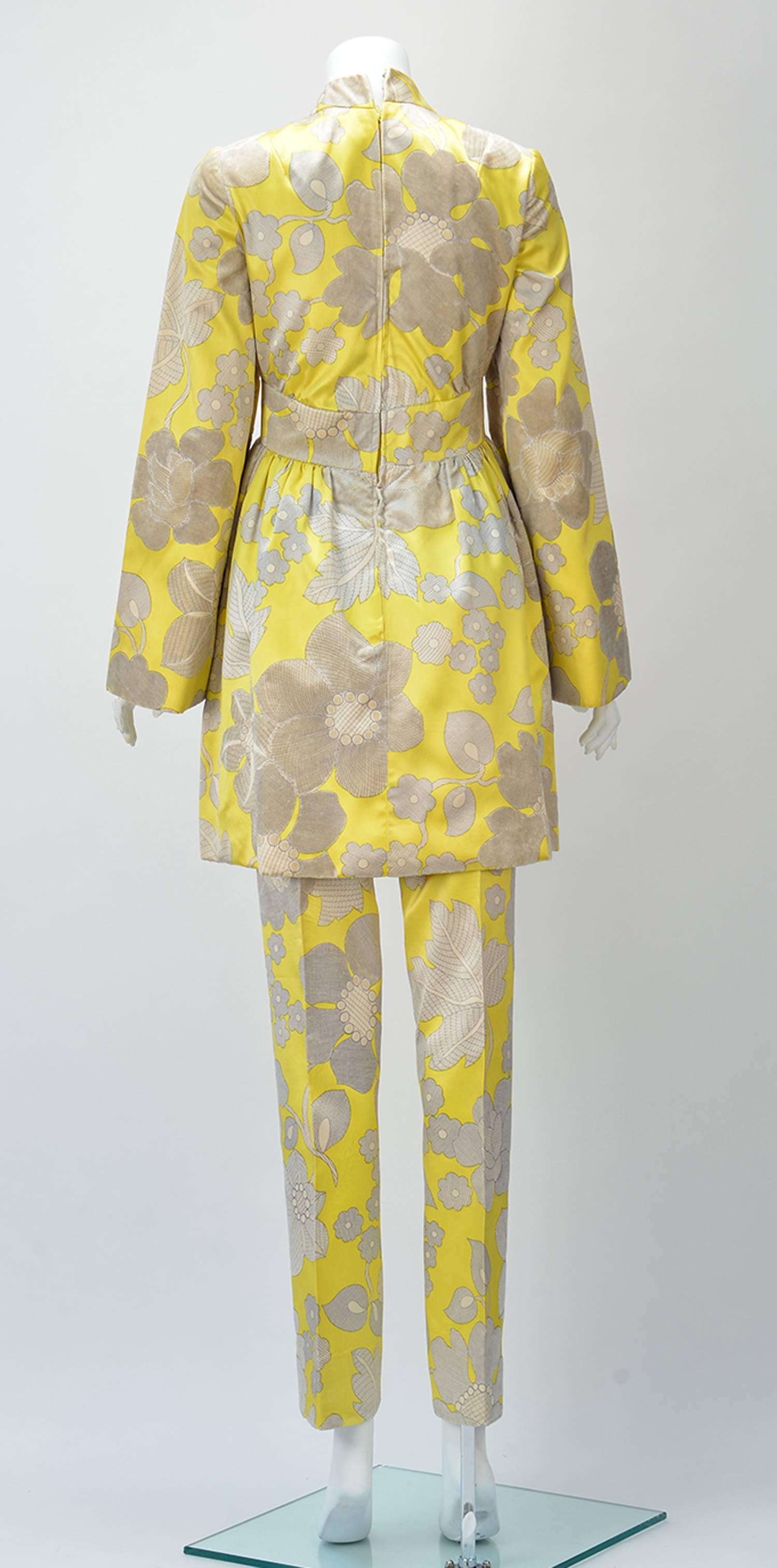 Brown 1960s George Halley Yellow Silk Tunic and Pant Suit 