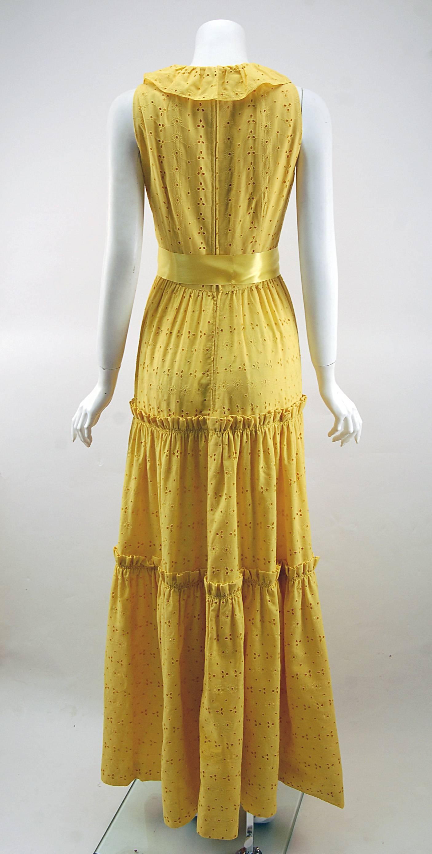 Brown 1970s Molly Parnis Summer Maxi Dress with Yellow Eyelet Lace