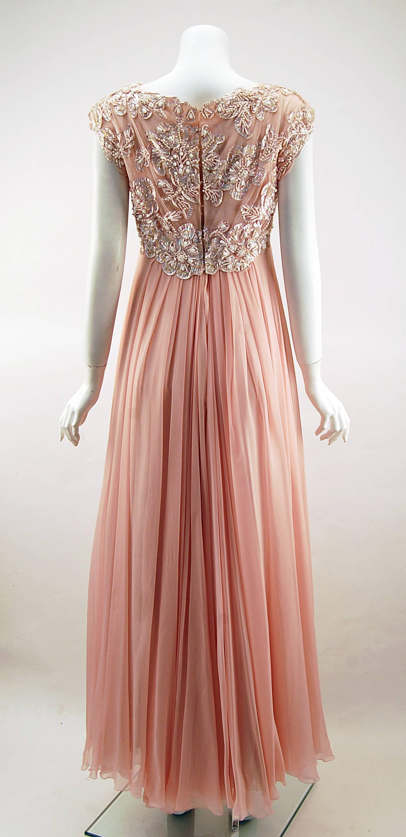 Beige 1960s Helen Rose Silk Pink Beaded Evening Gown For Sale