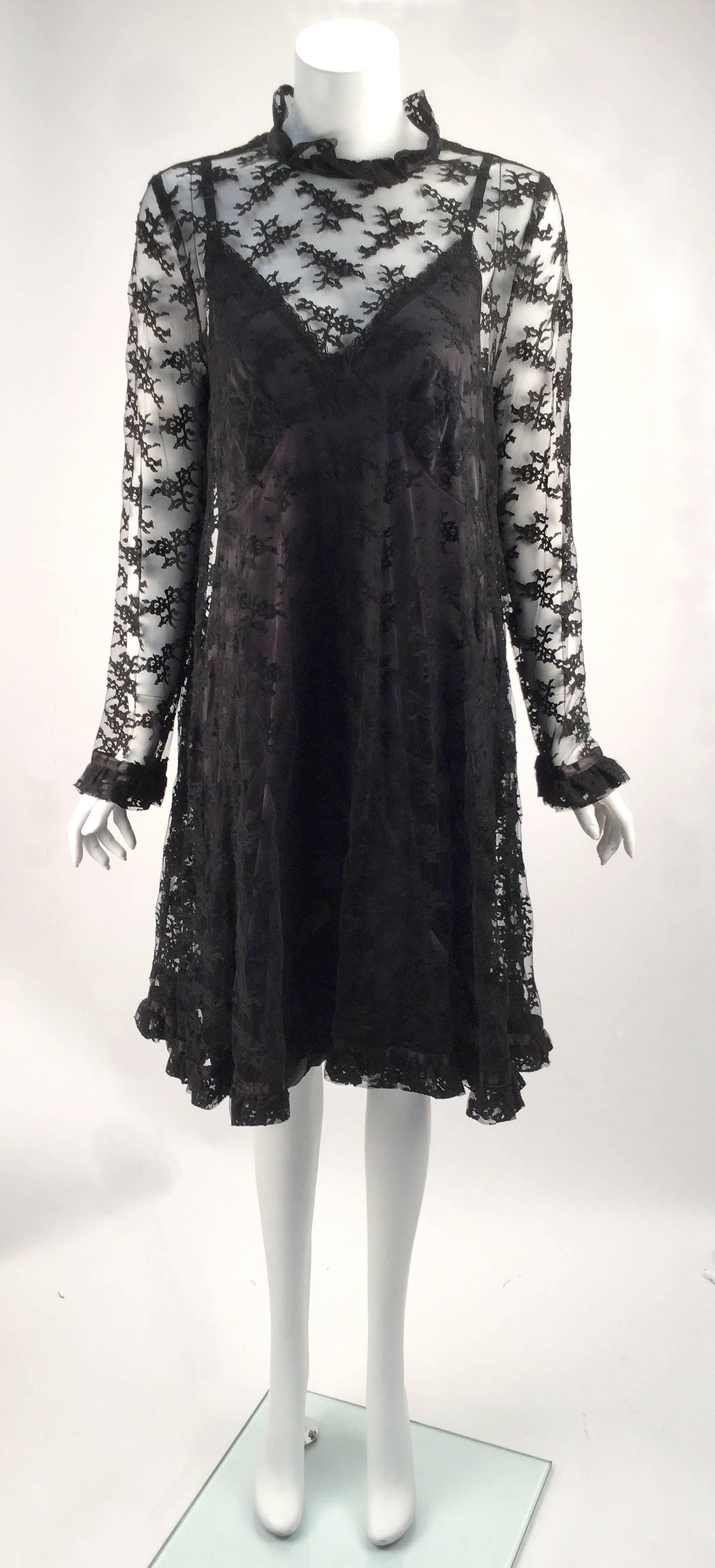 Women's Black Chantilly Lace Custom Vintage Knee Length Dress, 1960s  