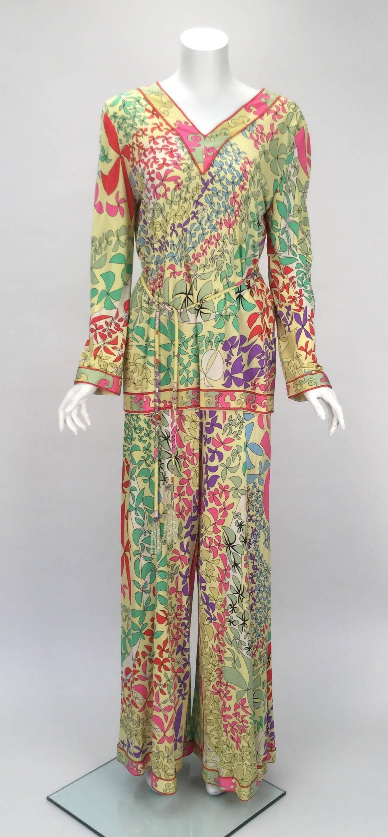 Brown Bessi Multicolored Silk Ensemble, 1970s  For Sale