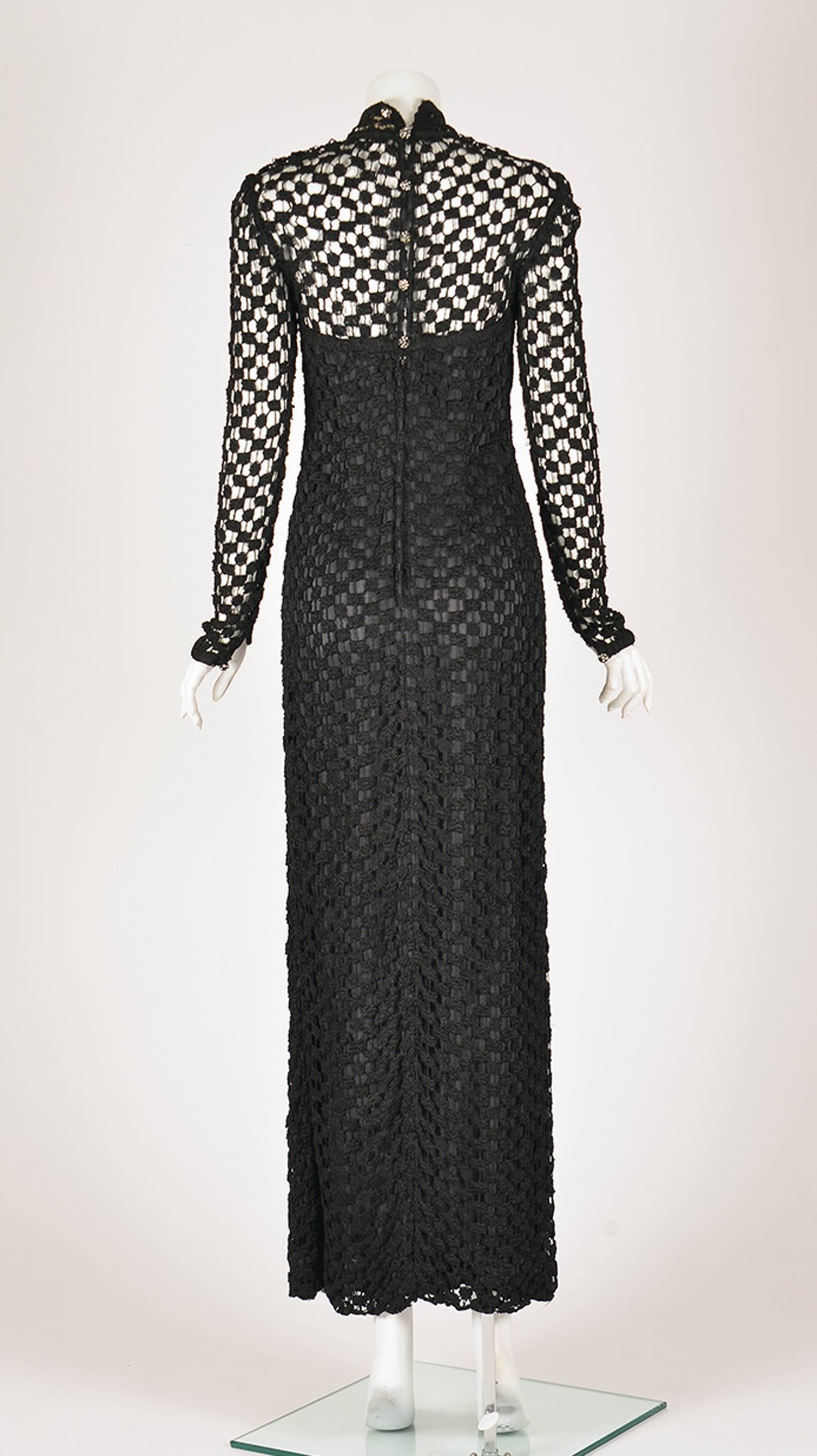 1970s Pat Sandler Black Crochet Gown In Excellent Condition For Sale In Houston, TX