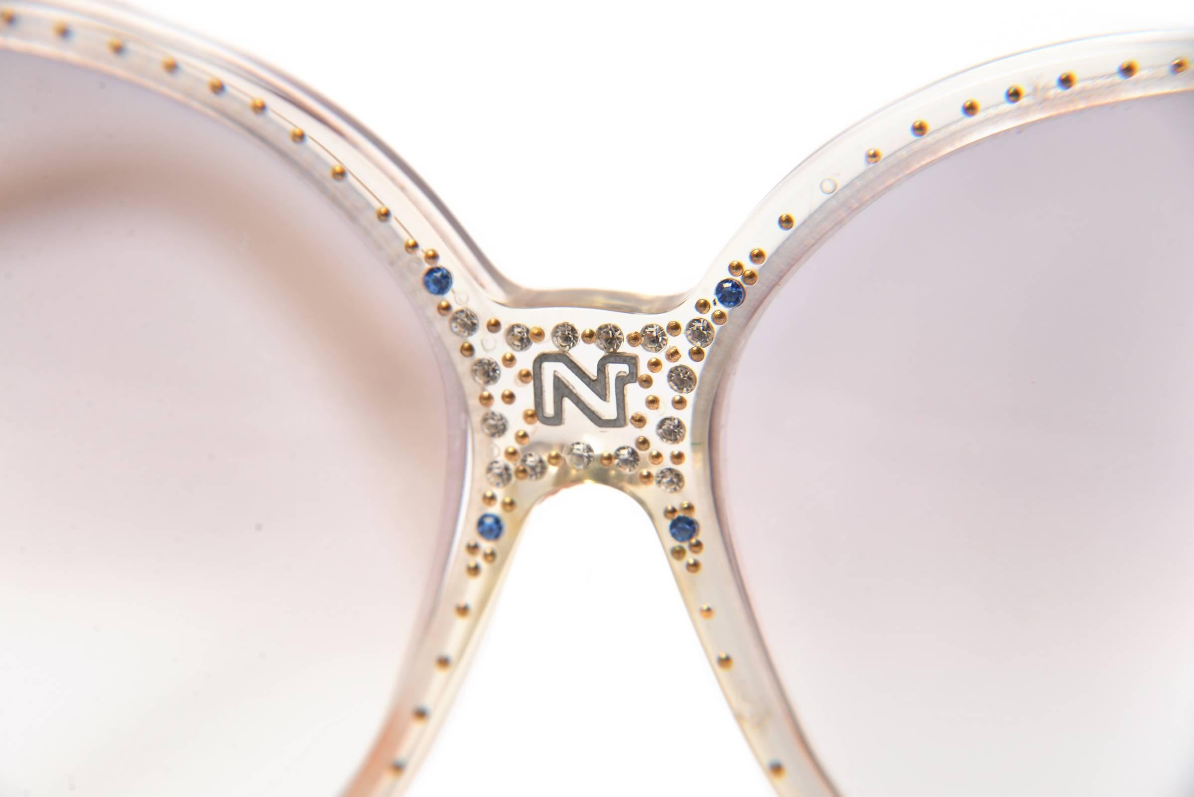 Beige 1980s Nina Ricci Clear Prescription Sunglasses with Rhinestones 