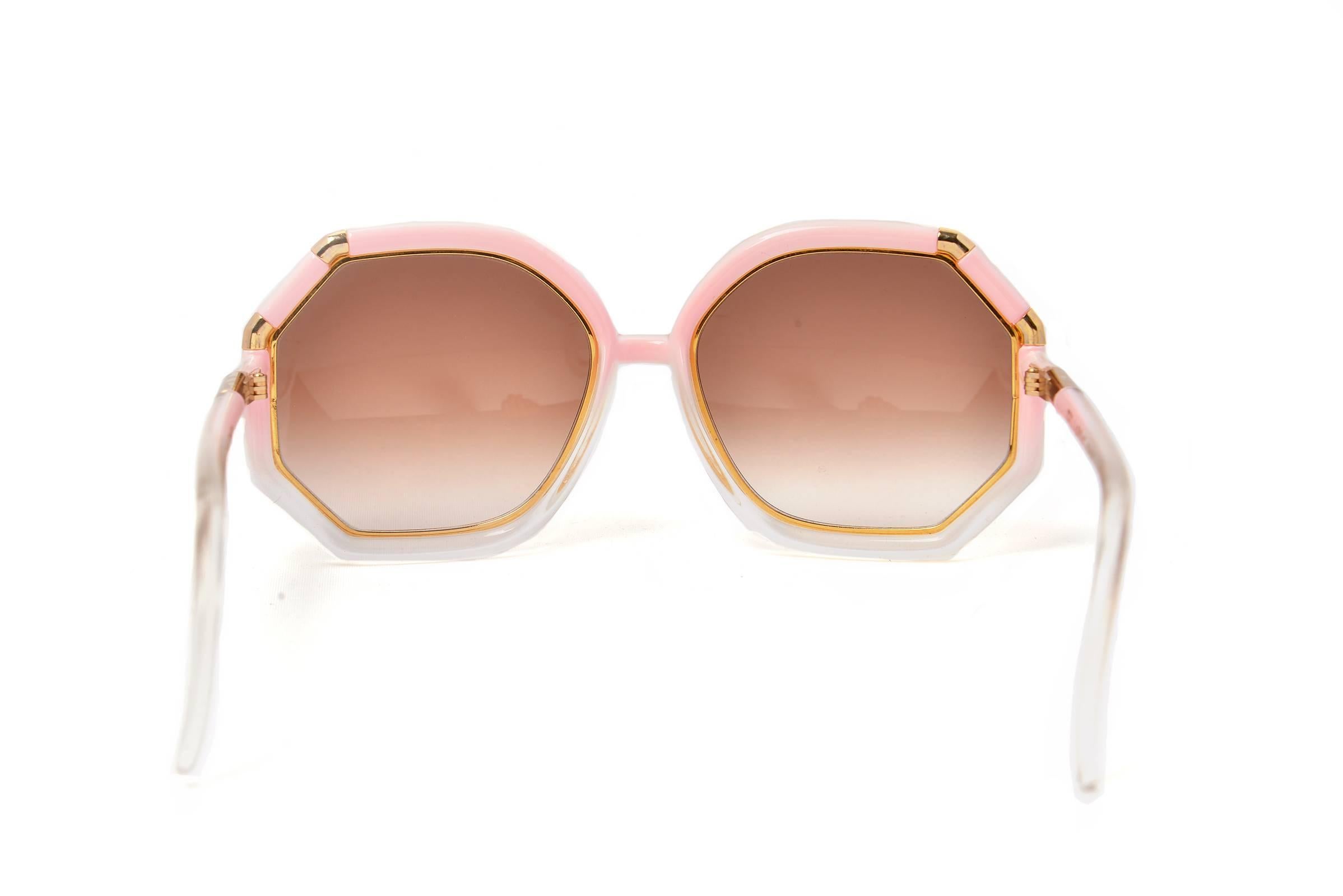 Beige Classic 1970s Ted Lapidus Pink and Gold Oversized Sunglasses