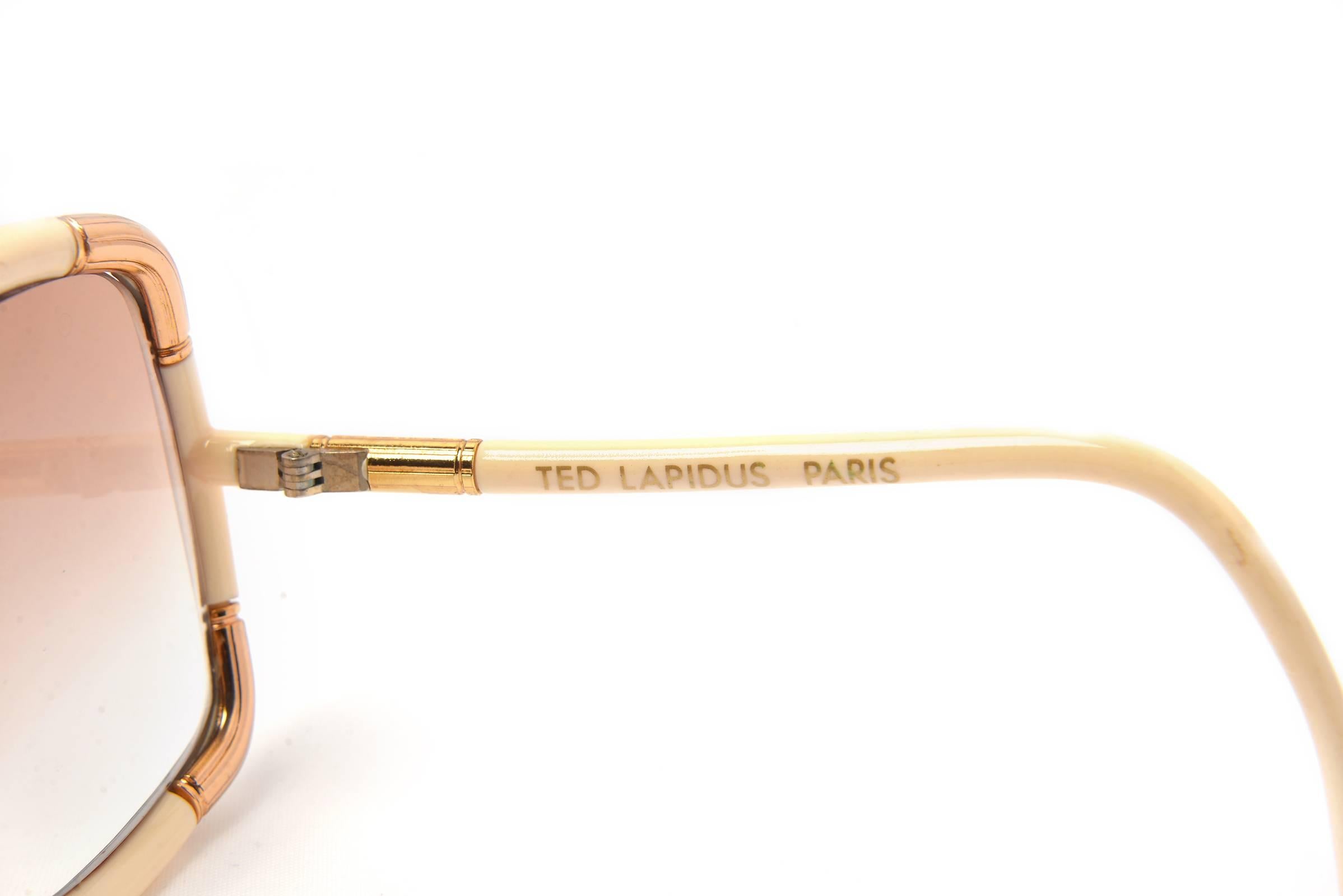 Orange 1970s Ted Lapidus Paris White and Gold Framed Sunglasses 