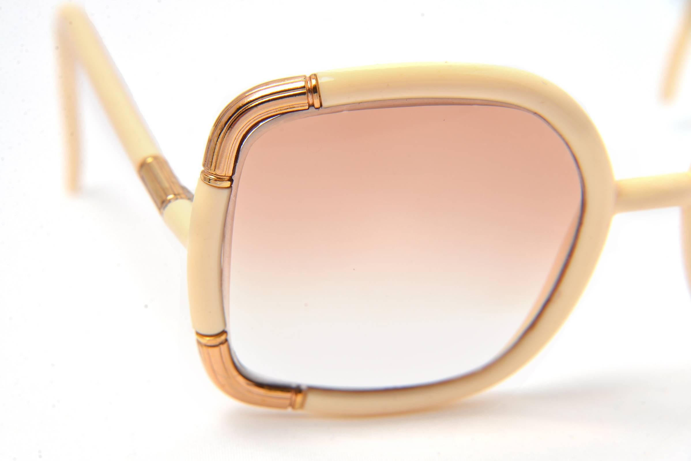 Women's 1970s Ted Lapidus Paris White and Gold Framed Sunglasses 