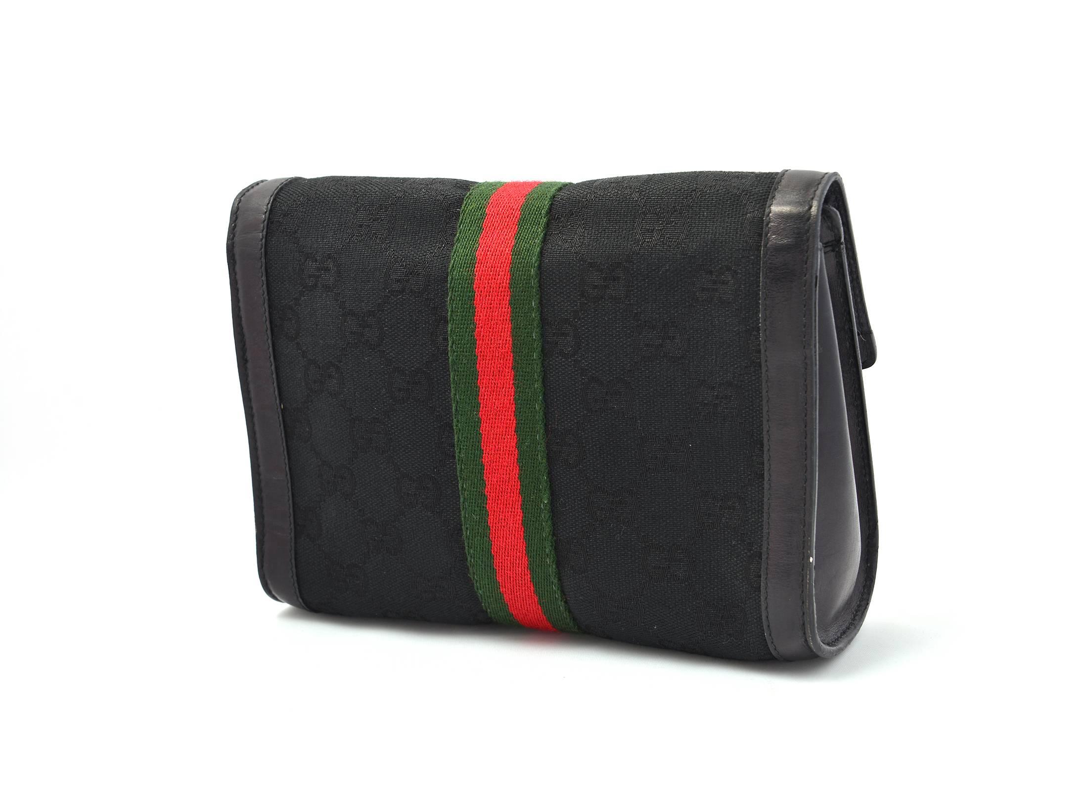 1980s Gucci Black Canvas and Leather Clutch from the 