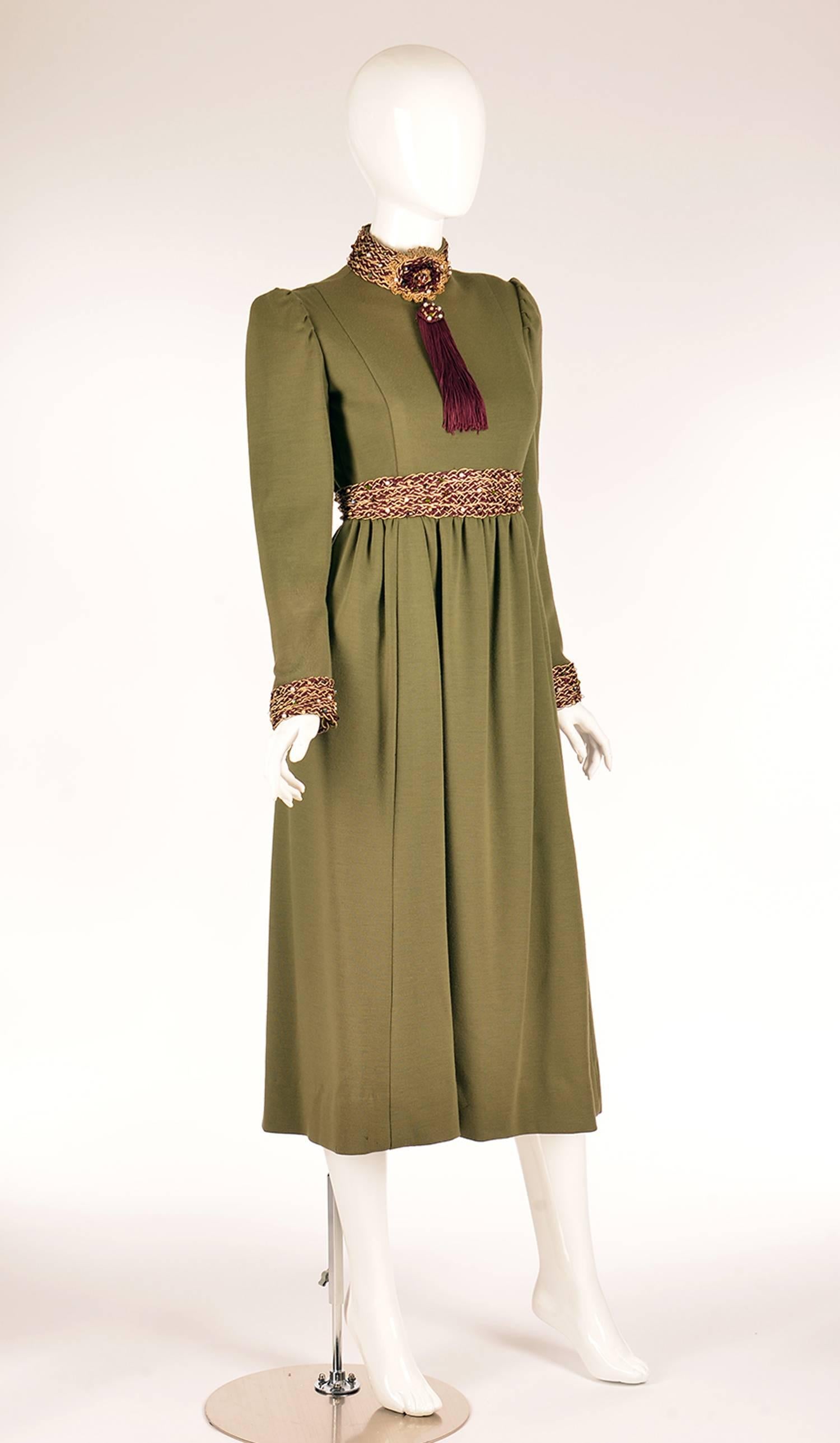 Brown Late 1960s Geoffrey Beene Olive Green Dress
