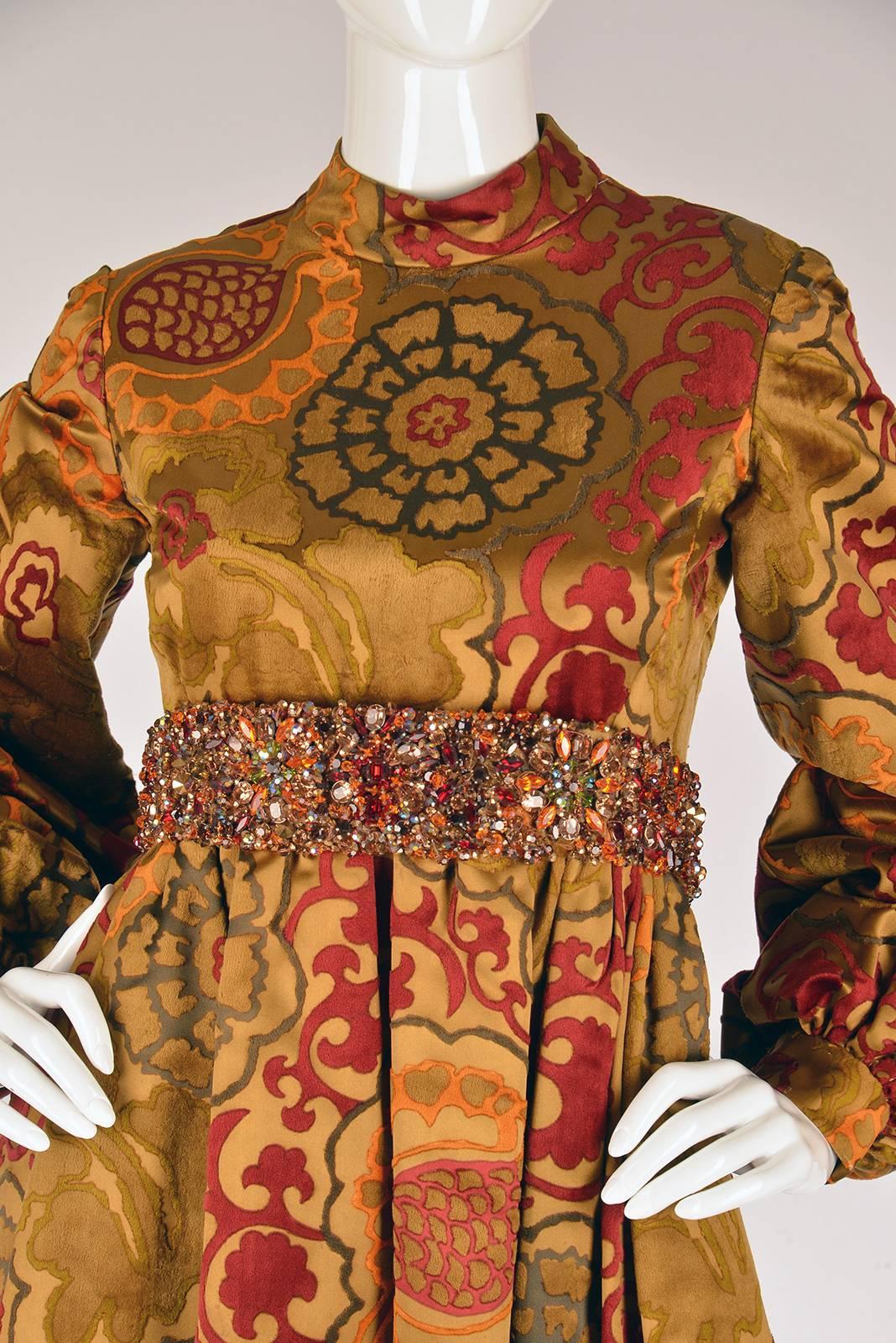George Halley Silk and Velvet Ochre Renaissance Style Gown In Good Condition In Houston, TX