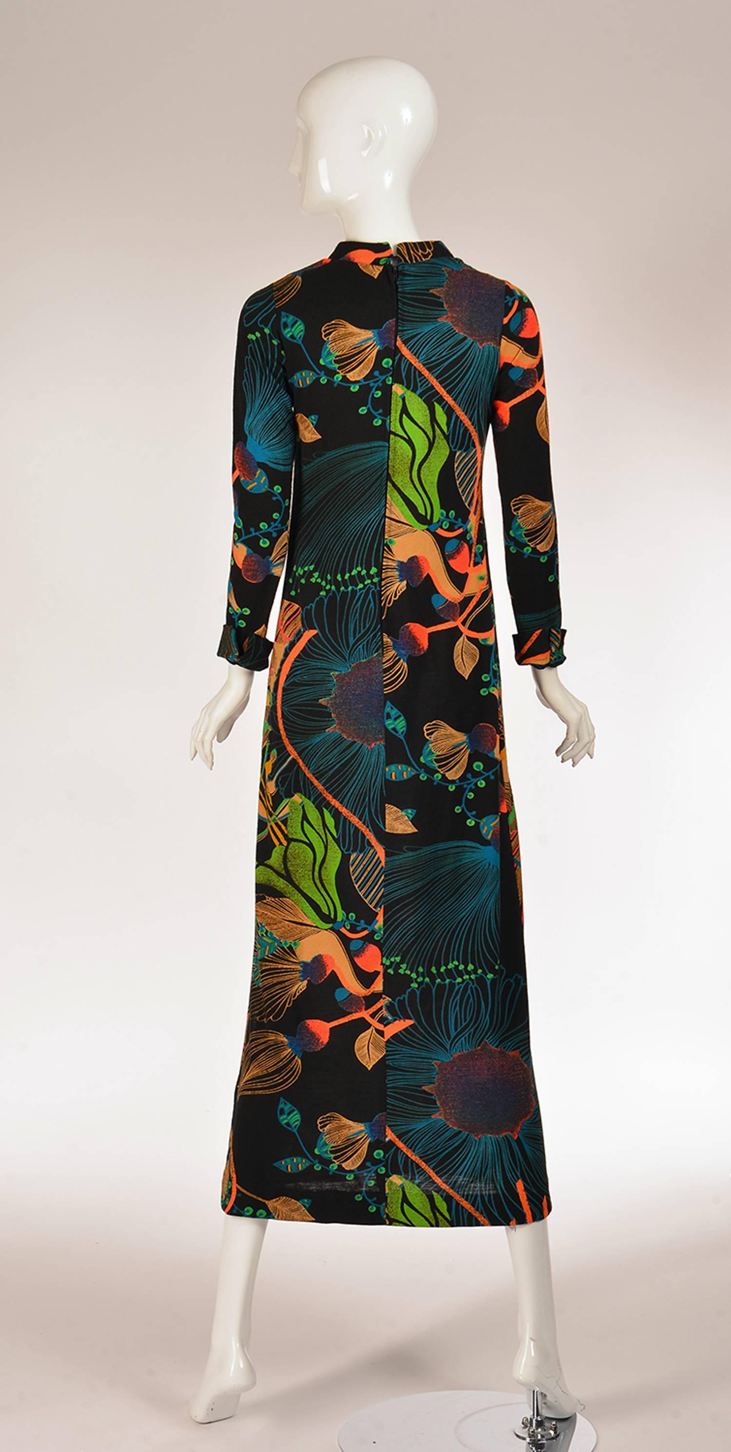 1970's Lanvin Black Neon Floral Printed Wool Dress In Excellent Condition In Houston, TX