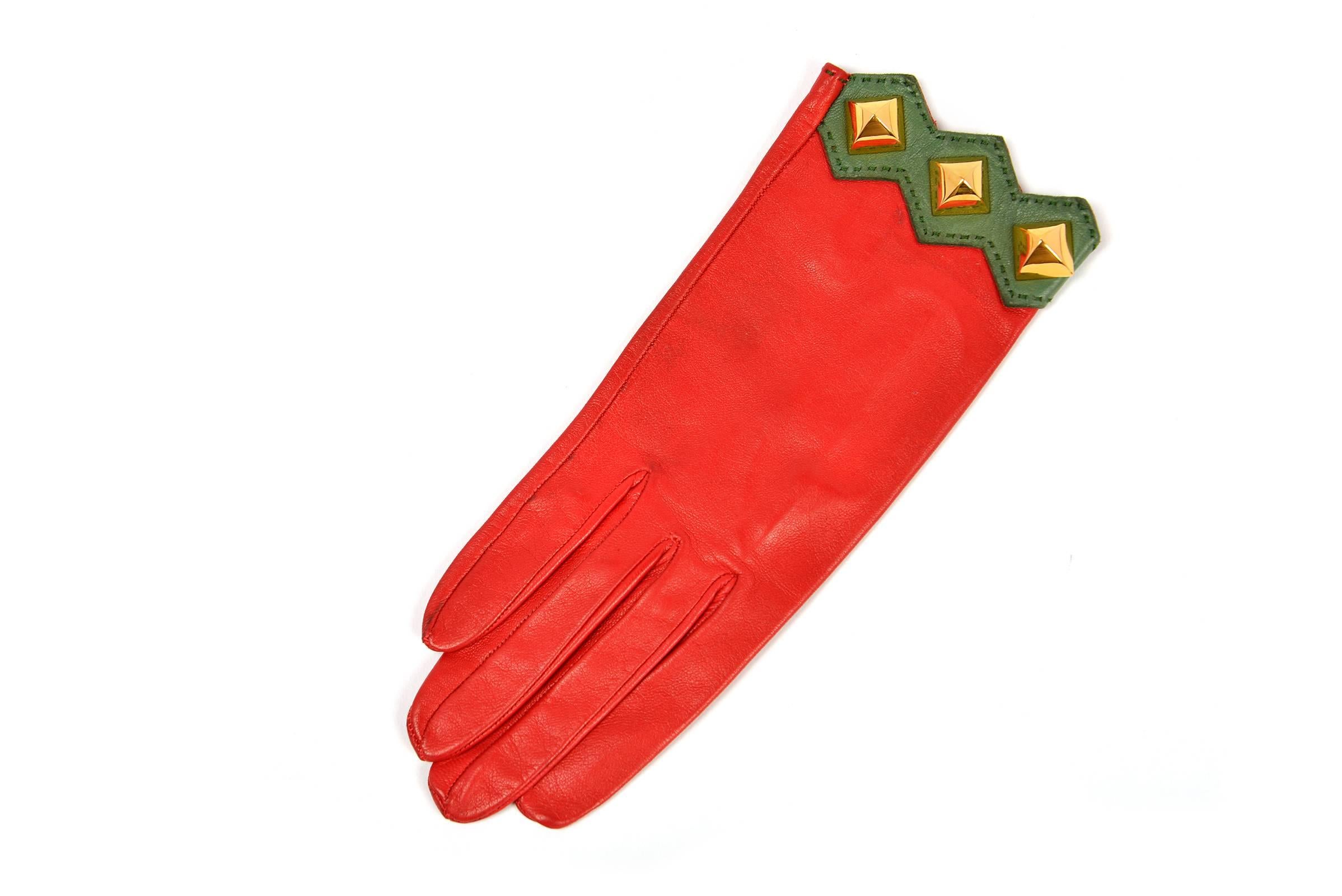 Vintage Hermes Paris Red Leather Gloves In Excellent Condition In Houston, TX