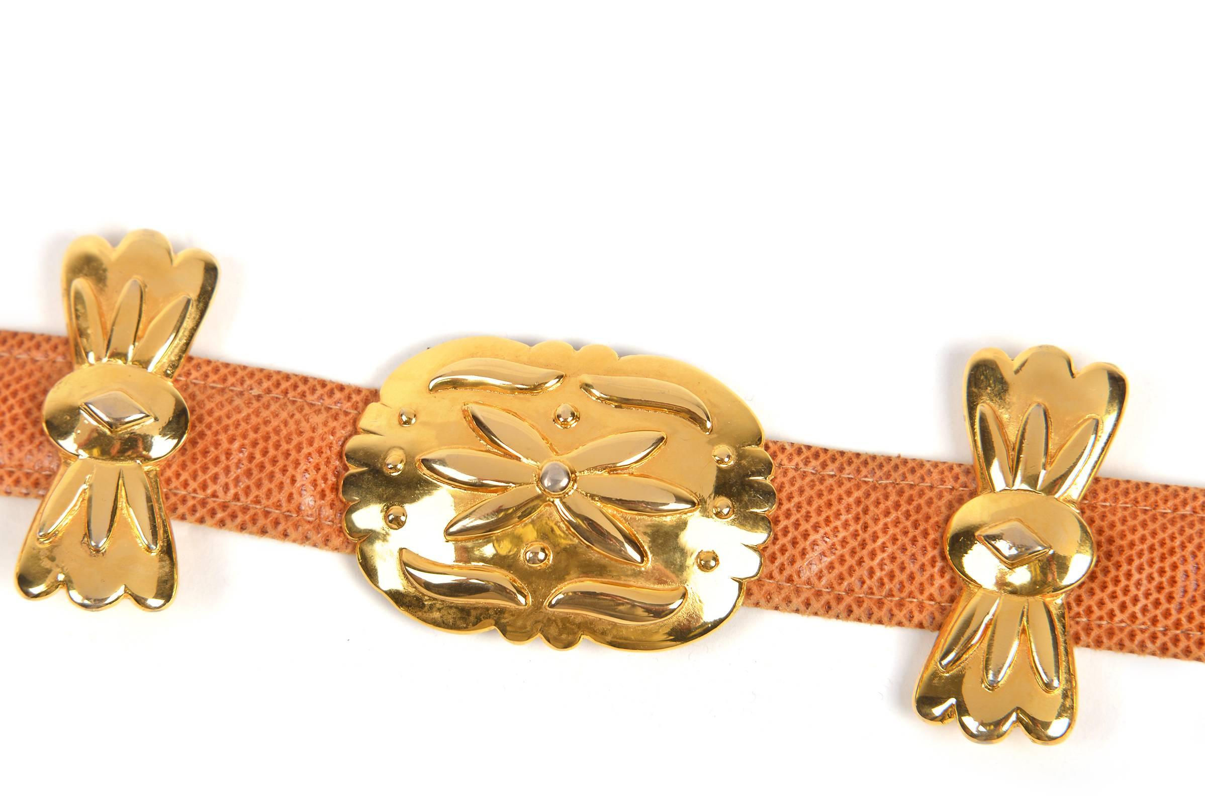 Brown Alexis Kirk Vintage Gold Hardware Honey Colored Lizard Belt  For Sale