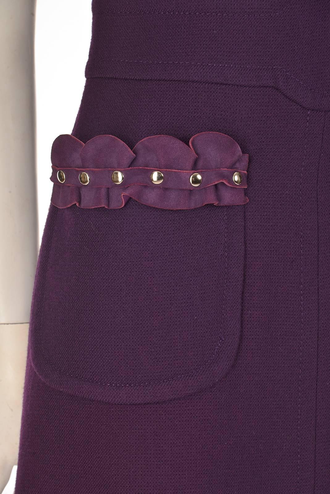 Pierre Cardin Wool Eggplant Purple Sheath Dress, 1950s  In Good Condition In Houston, TX