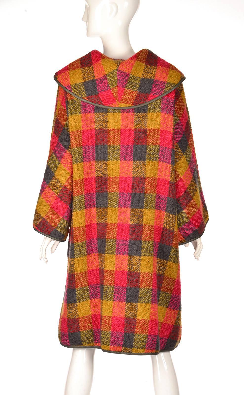 Brown Rare 1950's Bonnie Cashin Wool and Leather Plaid Coat