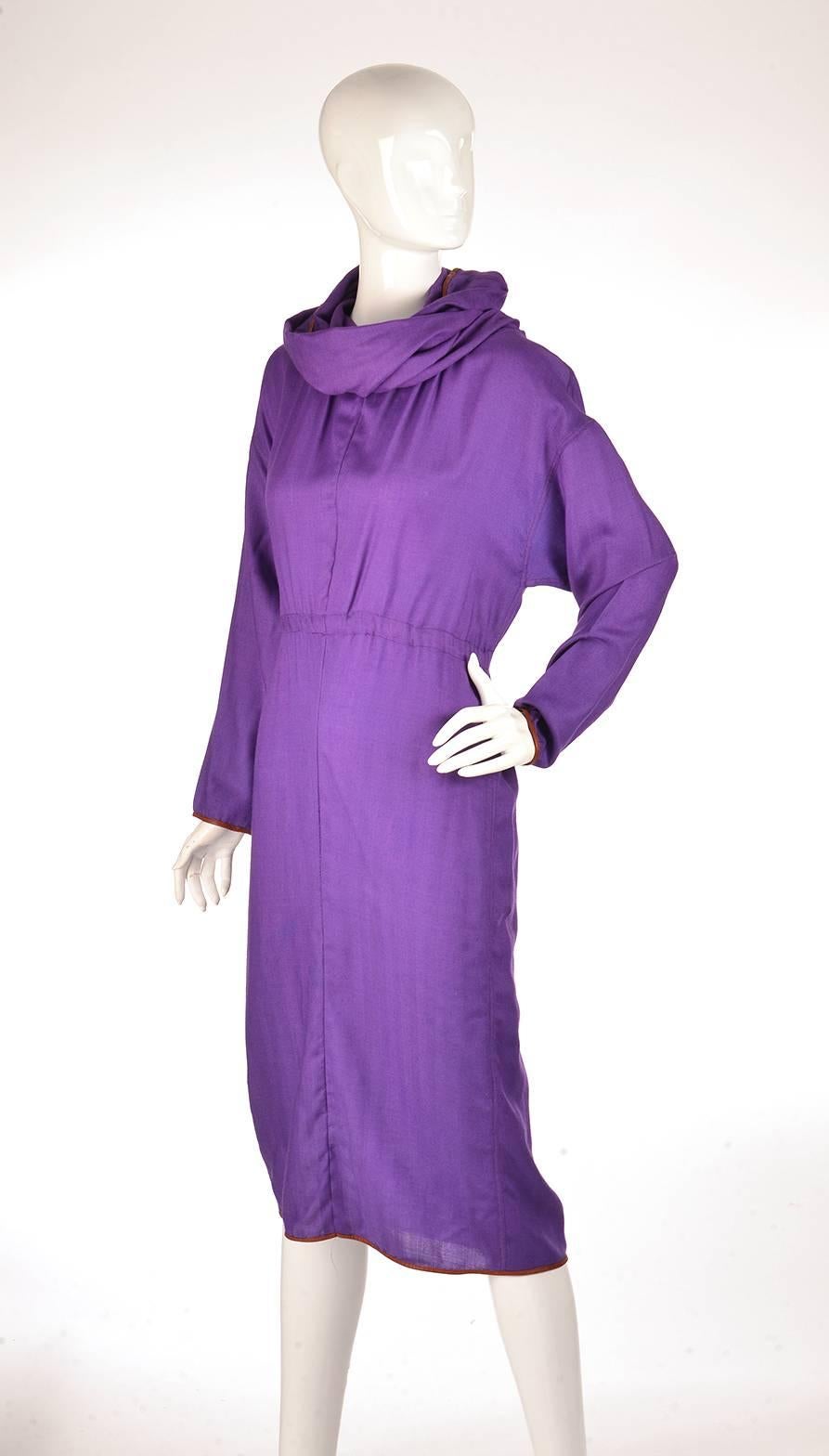 Late 20th Century Geoffrey Beene Purple Hooded Wool Dress  In Good Condition For Sale In Houston, TX