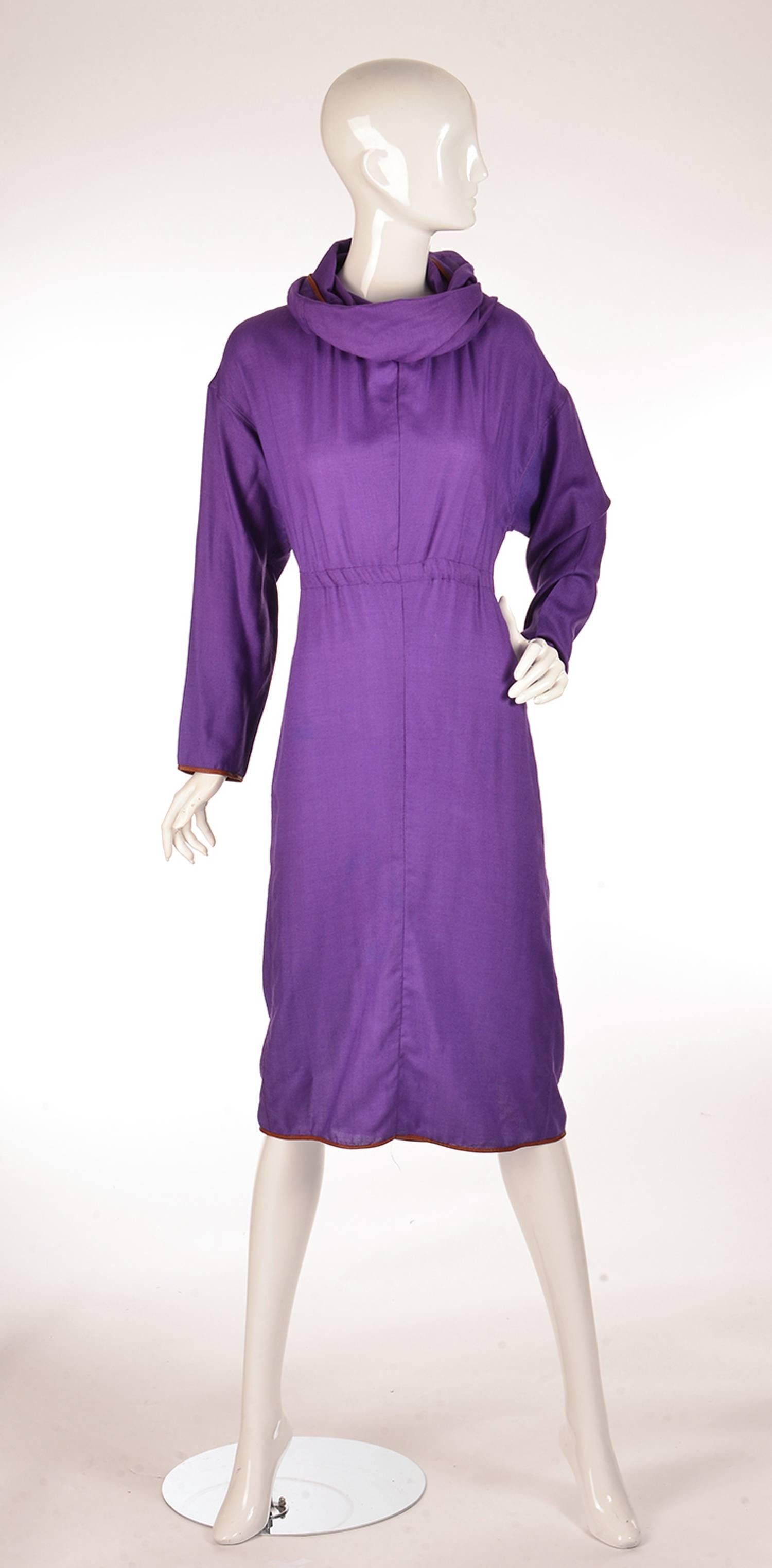Women's Late 20th Century Geoffrey Beene Purple Hooded Wool Dress  For Sale