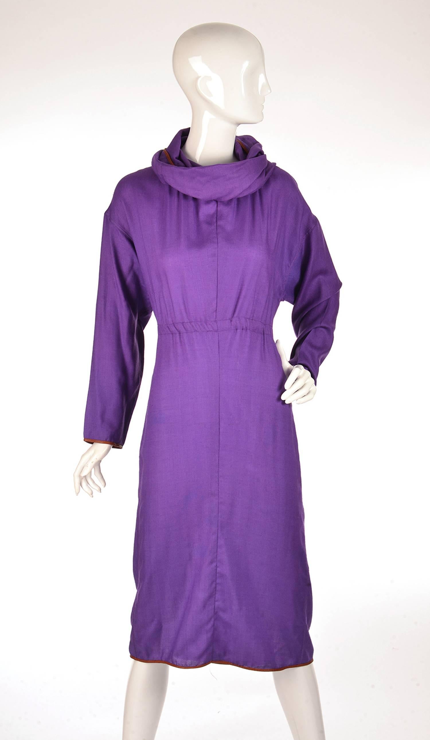 Late 20th Century Geoffrey Beene Purple Hooded Wool Dress  For Sale 1