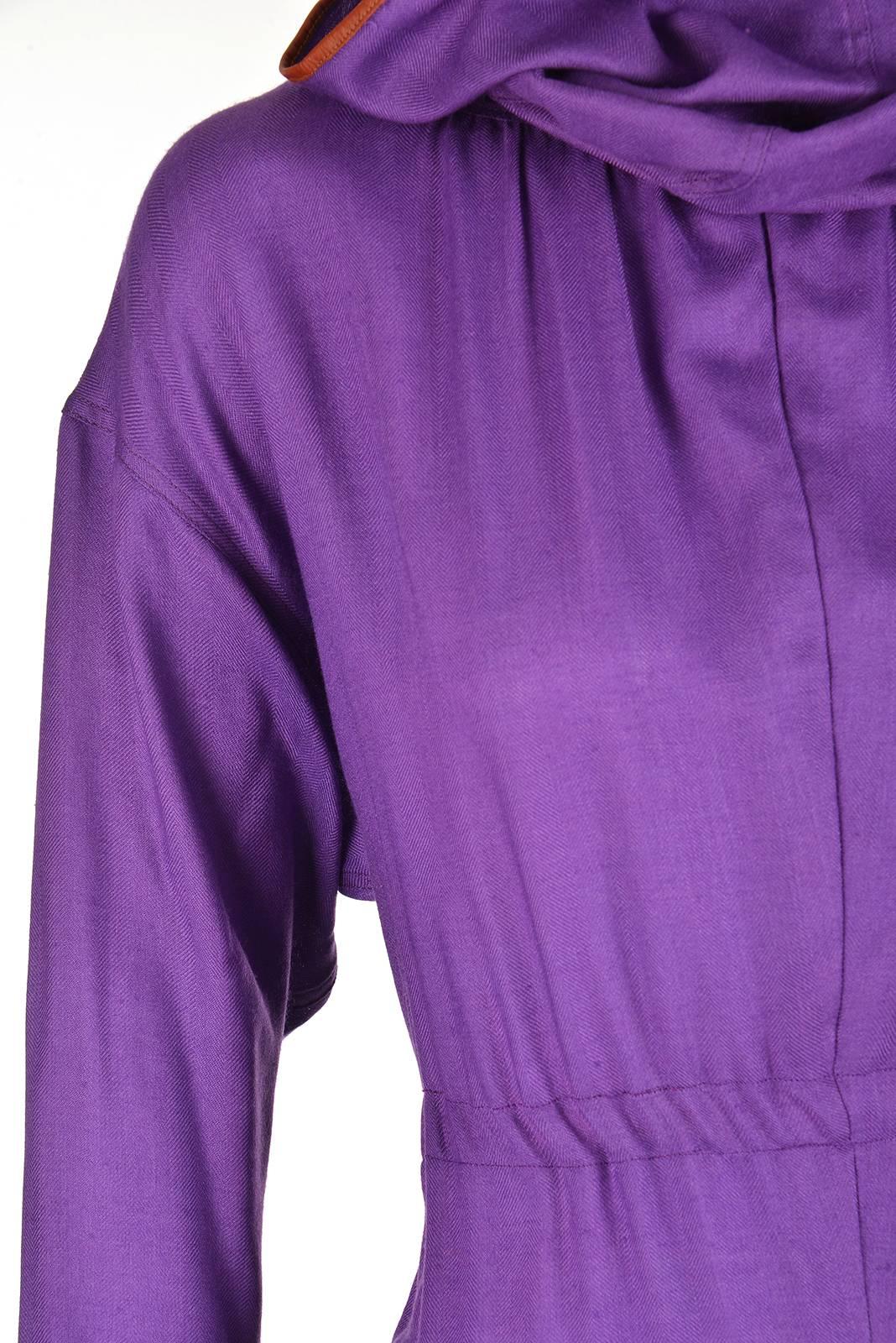 Late 20th Century Geoffrey Beene Purple Hooded Wool Dress  For Sale 3