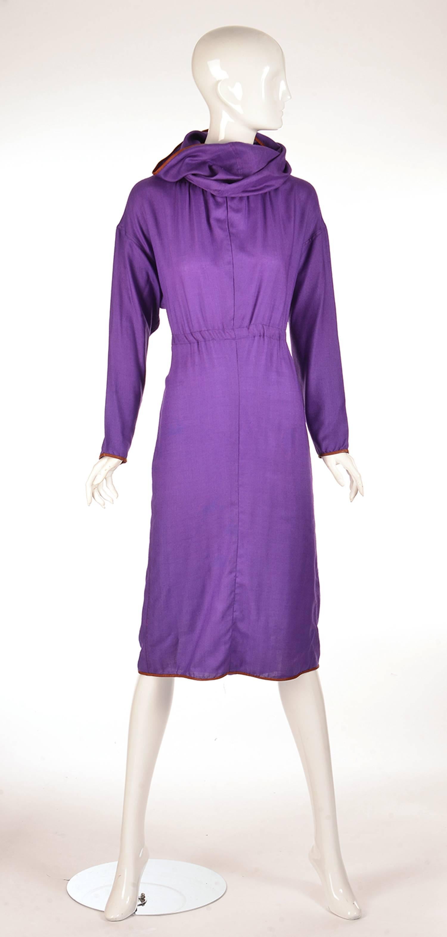 Late 20th Century Geoffrey Beene Purple Hooded Wool Dress  For Sale 4