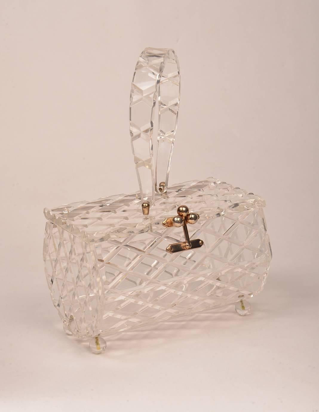 1950s Lucite Diamond Lattice Top Handle Evening Bag 4