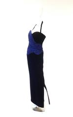 1980s Murray Arbeid Signature Blue Taffeta and Black Velvet Evening Gown