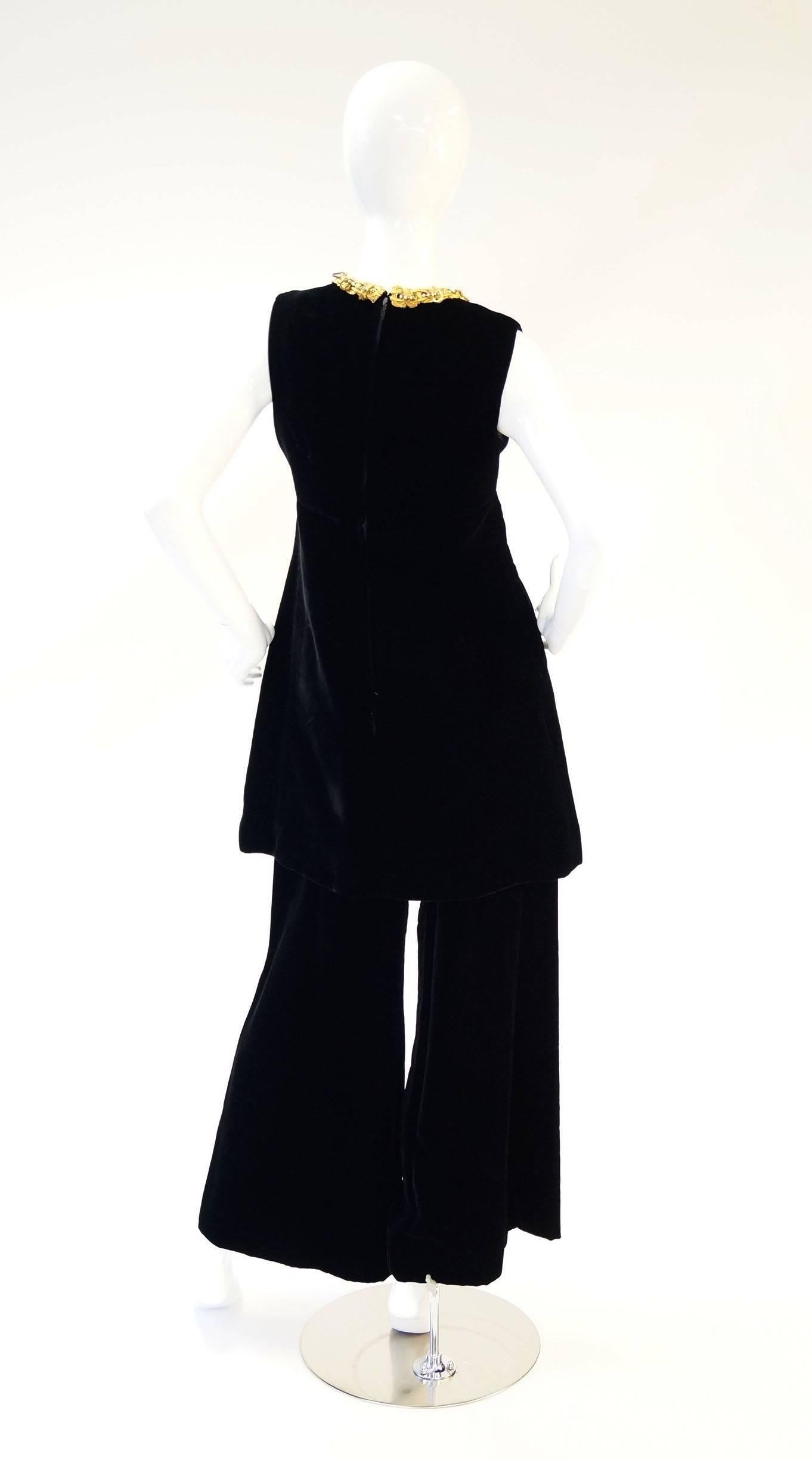 1960s Black Velvet Tunic and Pants Set with Gold Neck Trim 1
