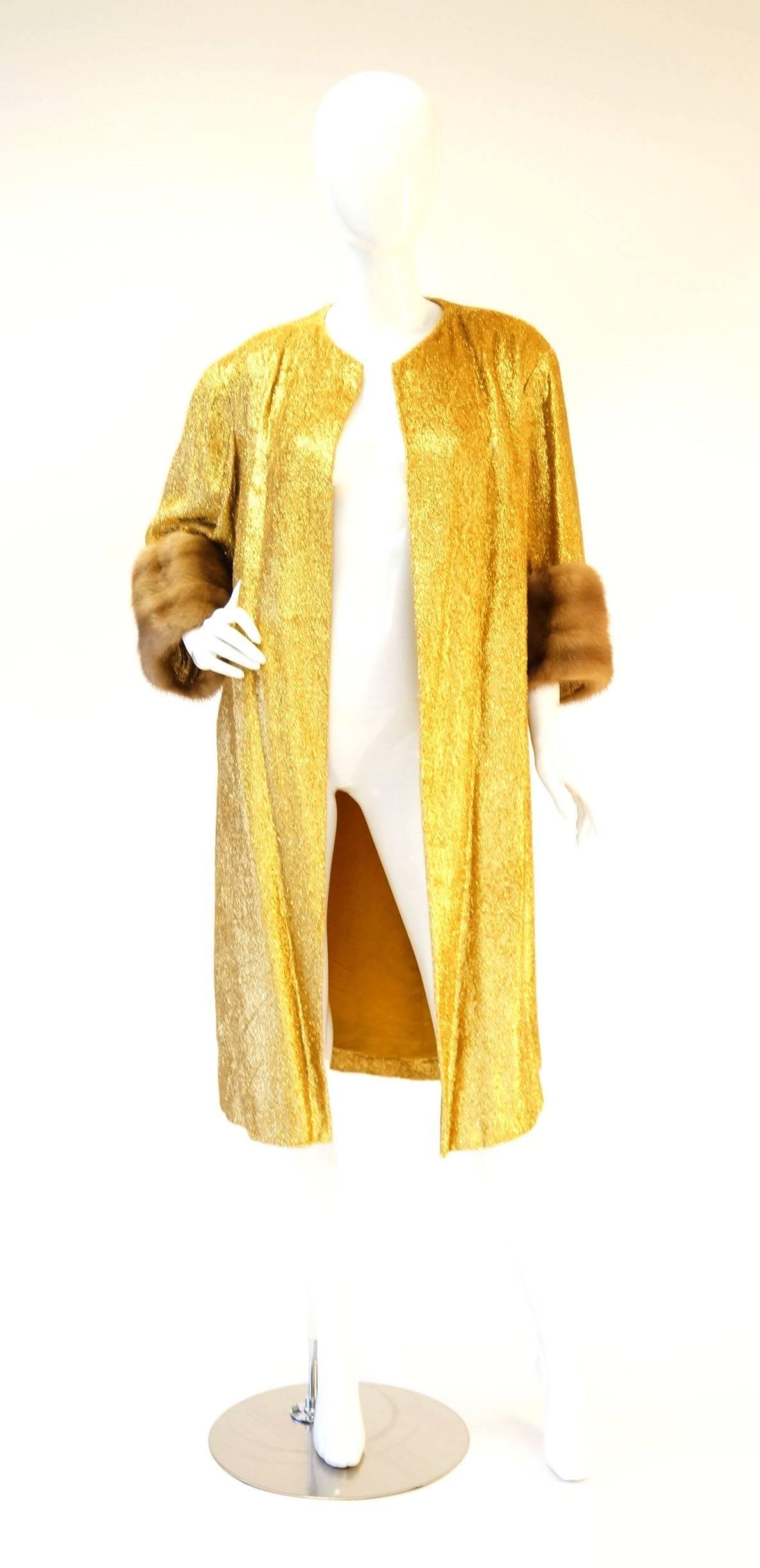 Rare 1960s Norman Hartnell Gold Lame and Mink Dress and Coat For Sale 1