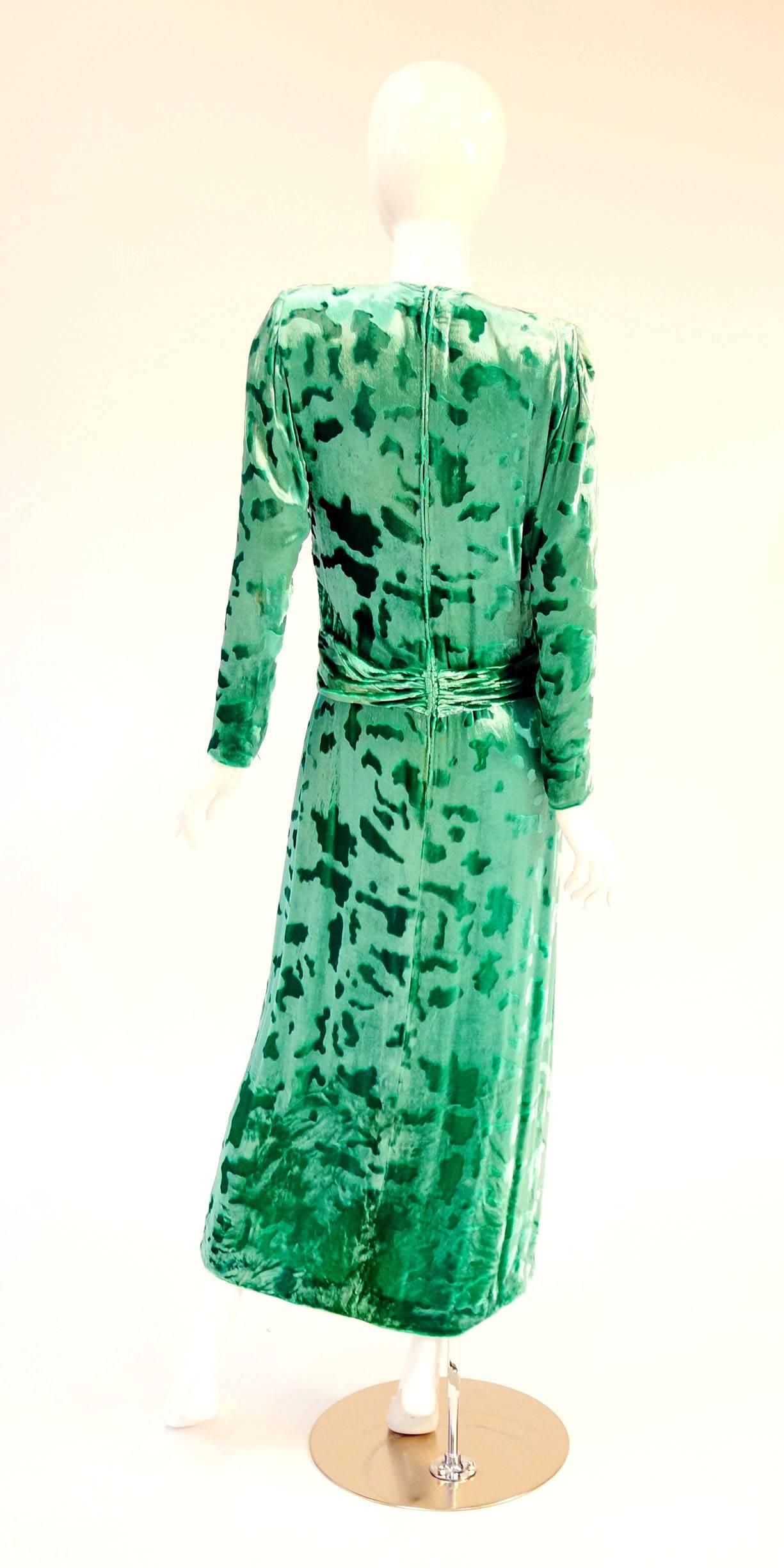 Vintage Galanos Green Crushed Velvet Evening Dress For Sale 3