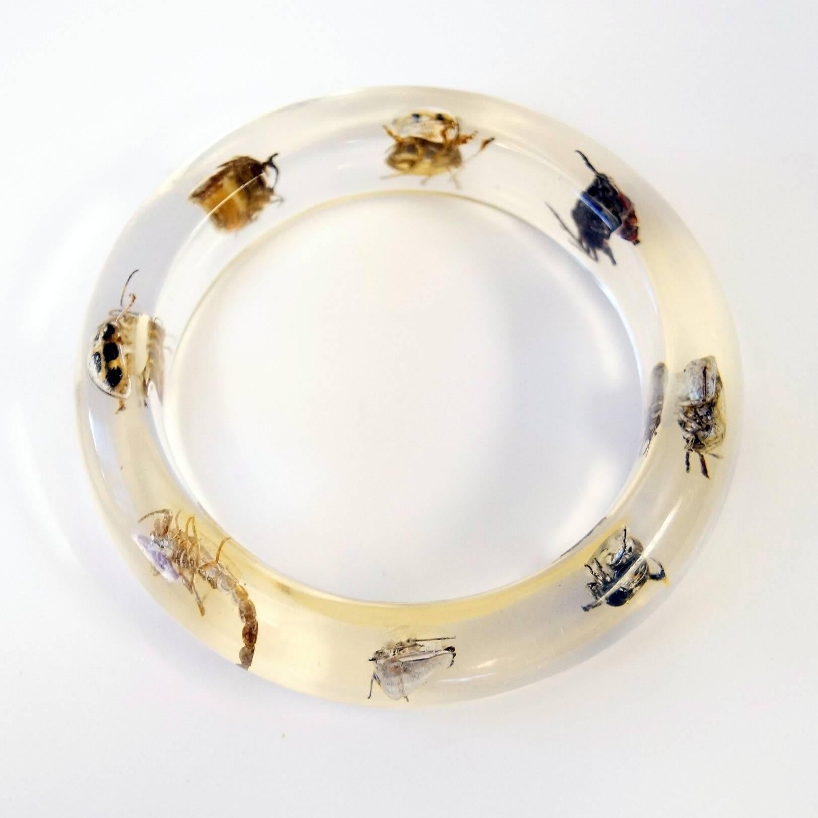 
Playful vintage lucite insect bangle! The bangle features seven different insects and a single arachnid suspended in the center, including a squash lady beetle, and a halyomorpha halys. The eighth creature is a scorpion!  All the insects face