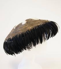 1950s Jack McConnell Guinea Fowl Feather and Rhinestone Hat