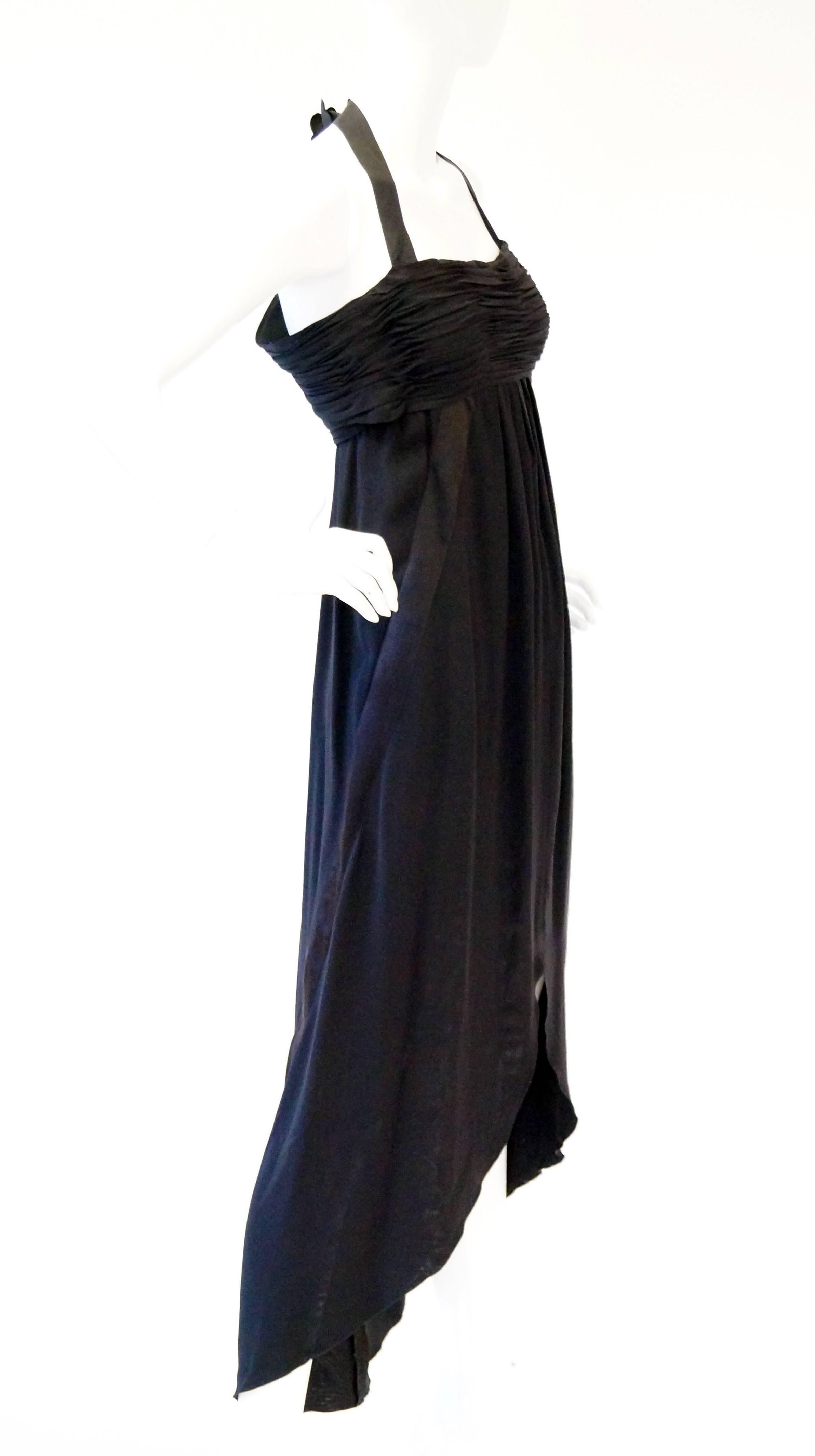 Black Early 1980s Chanel Silk Camellia Evening Dress 
