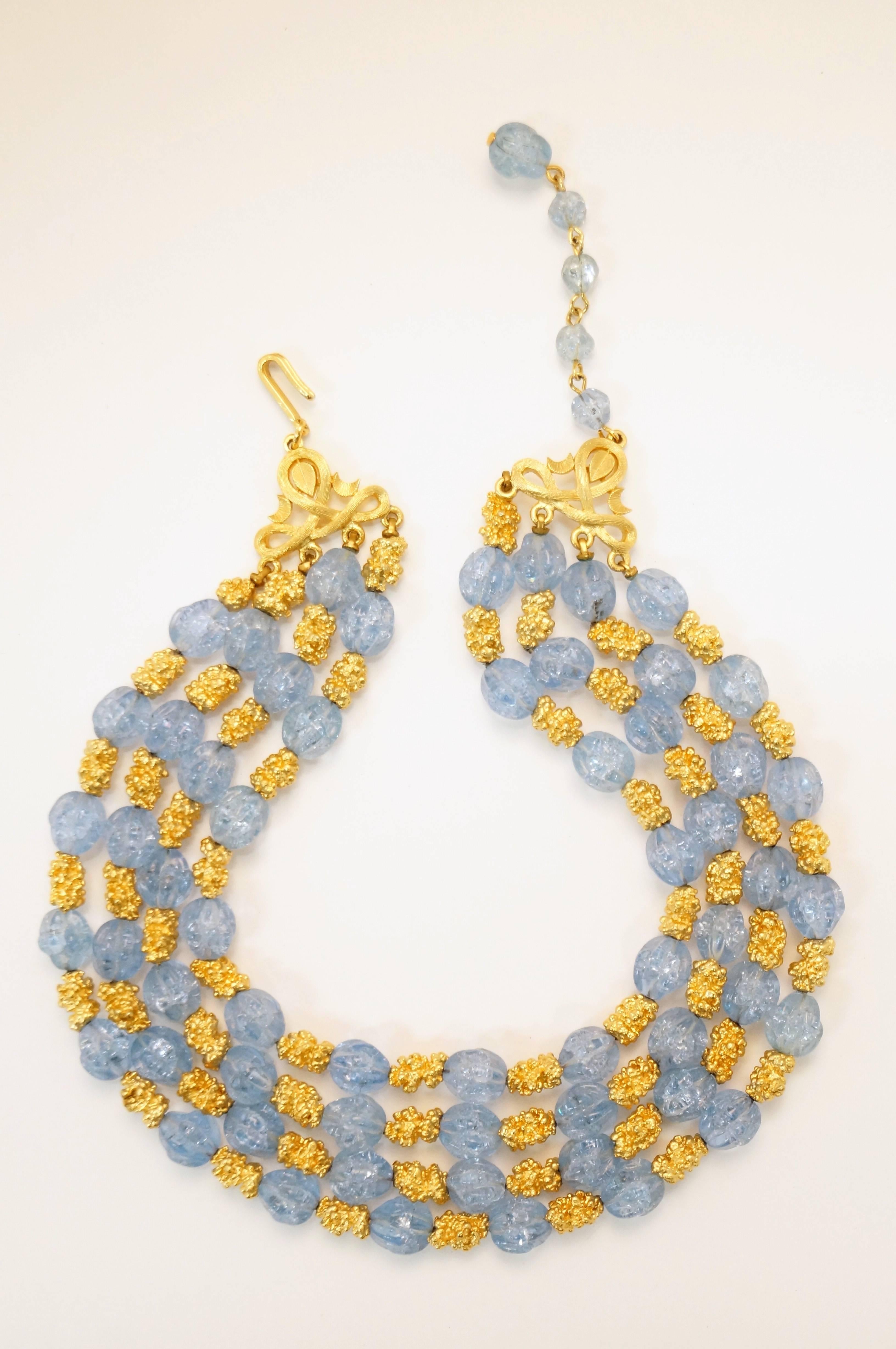 1950s Trifari Grand Parure - Blue Rhinestone with Gold Tone Nugget Spacers In Excellent Condition For Sale In Houston, TX
